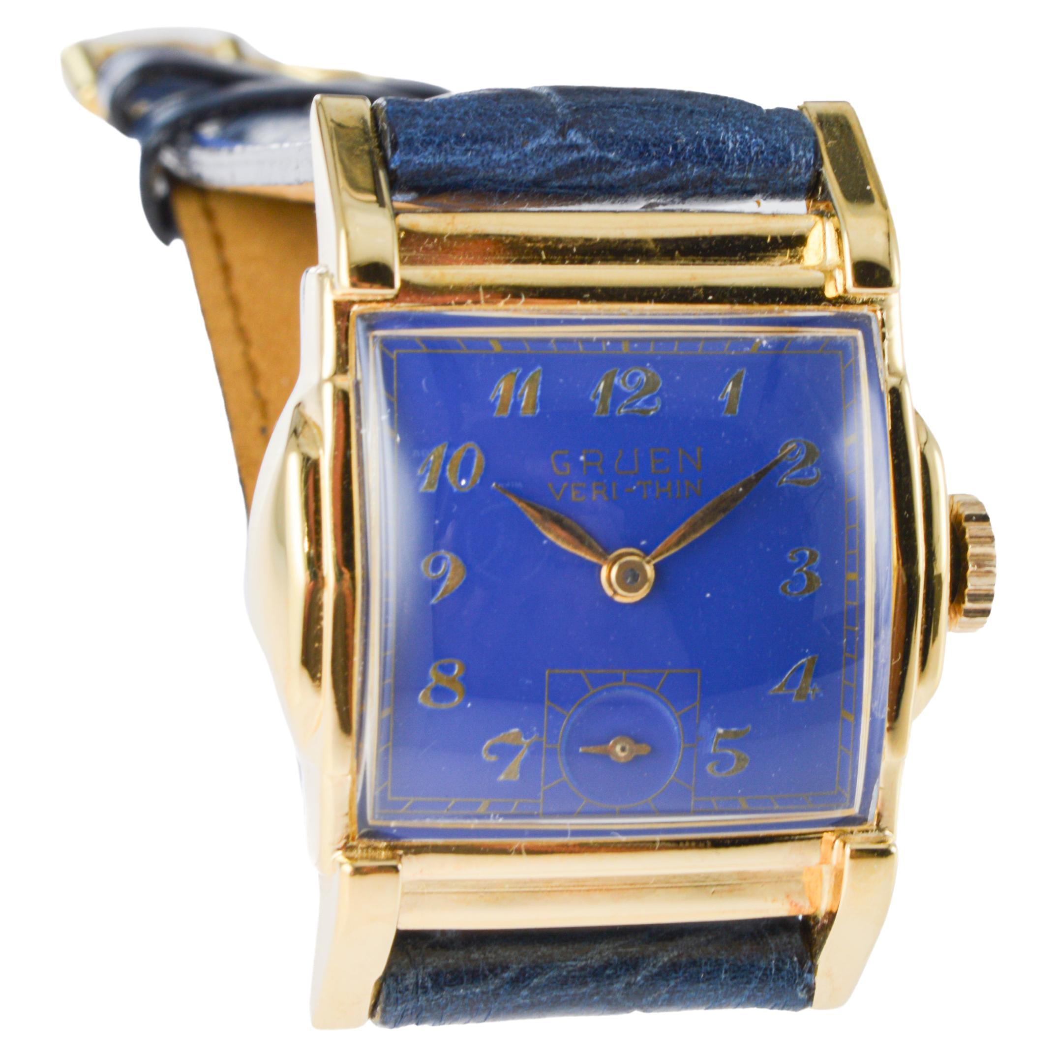 Gruen Gold-Filled Art Deco Tank Watch with Custom Blue Dial For Sale 3