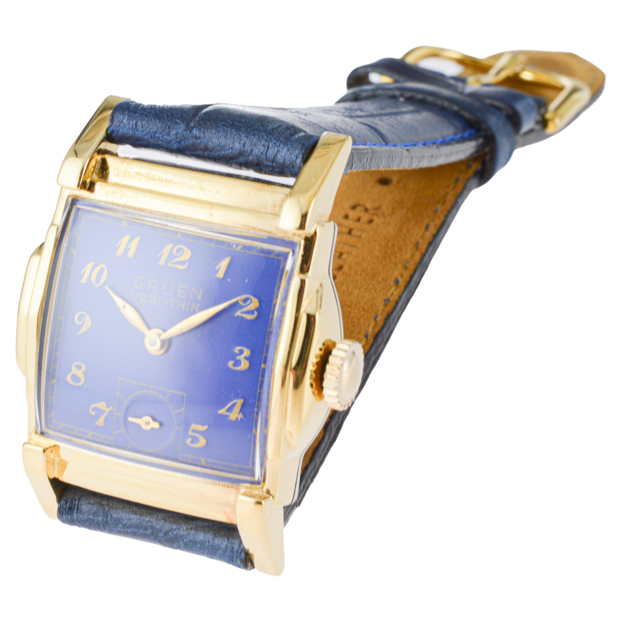 Gruen Gold-Filled Art Deco Tank Watch with Custom Blue Dial For Sale 5
