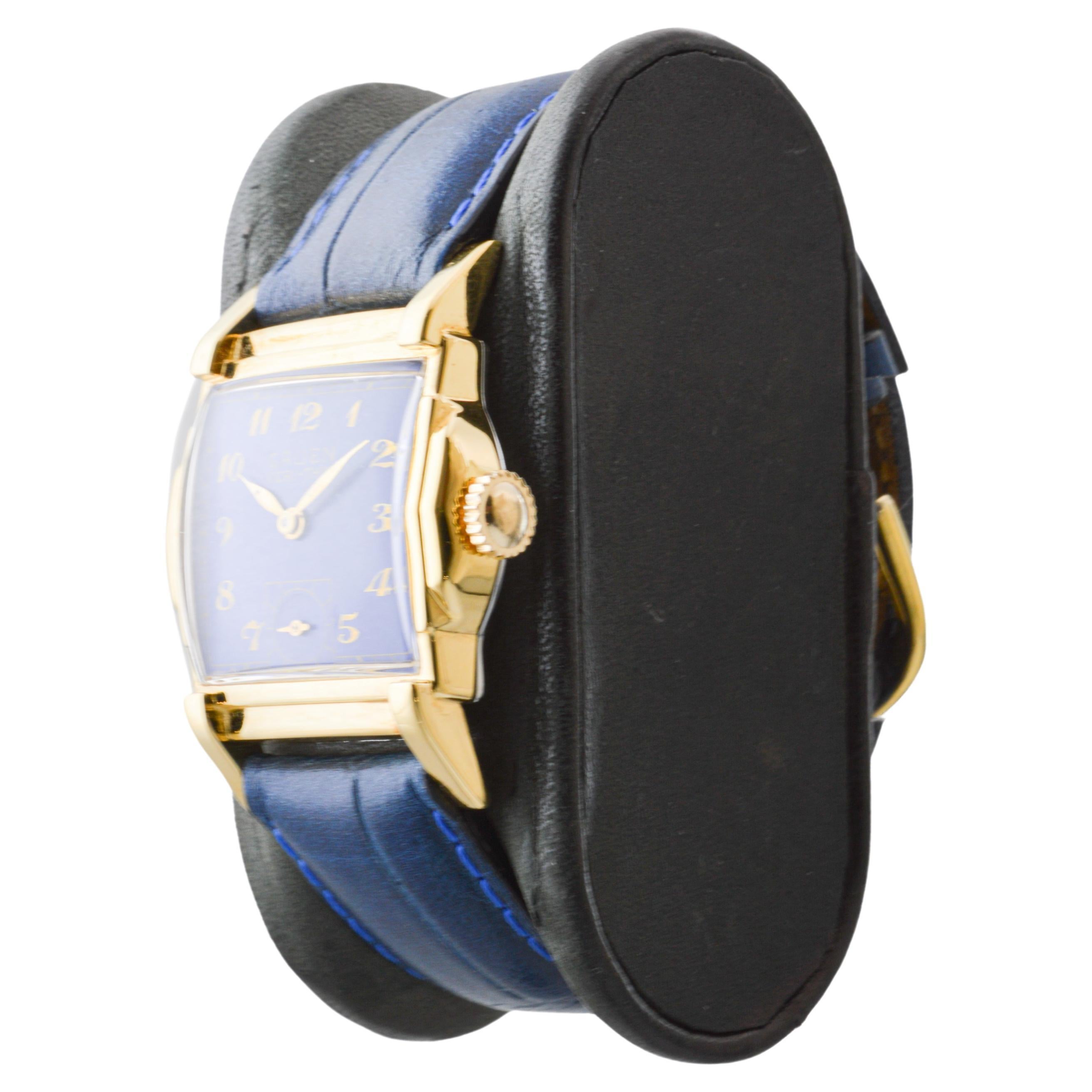 Gruen Gold-Filled Art Deco Tank Watch with Custom Blue Dial In Excellent Condition For Sale In Long Beach, CA
