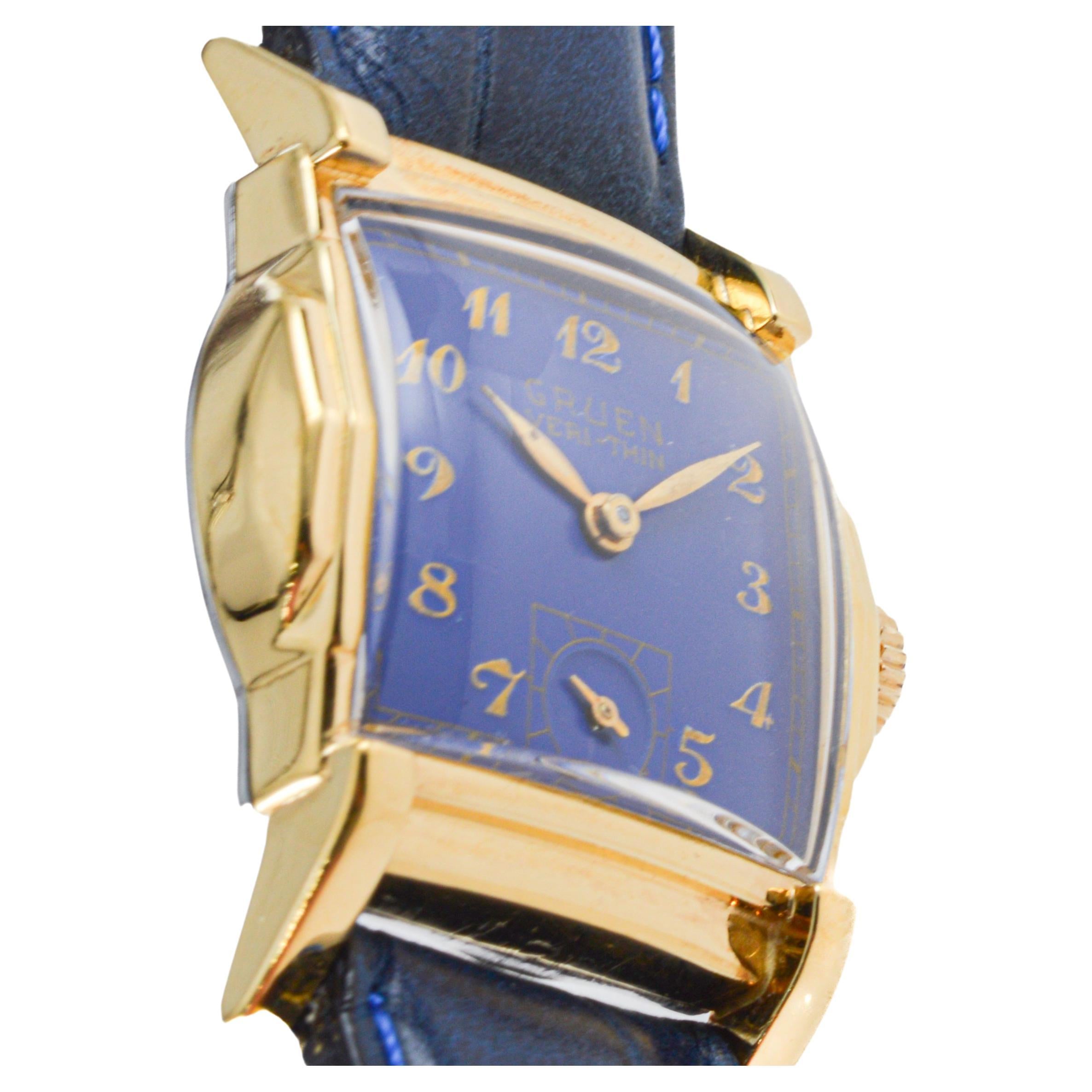 Women's or Men's Gruen Gold-Filled Art Deco Tank Watch with Custom Blue Dial For Sale