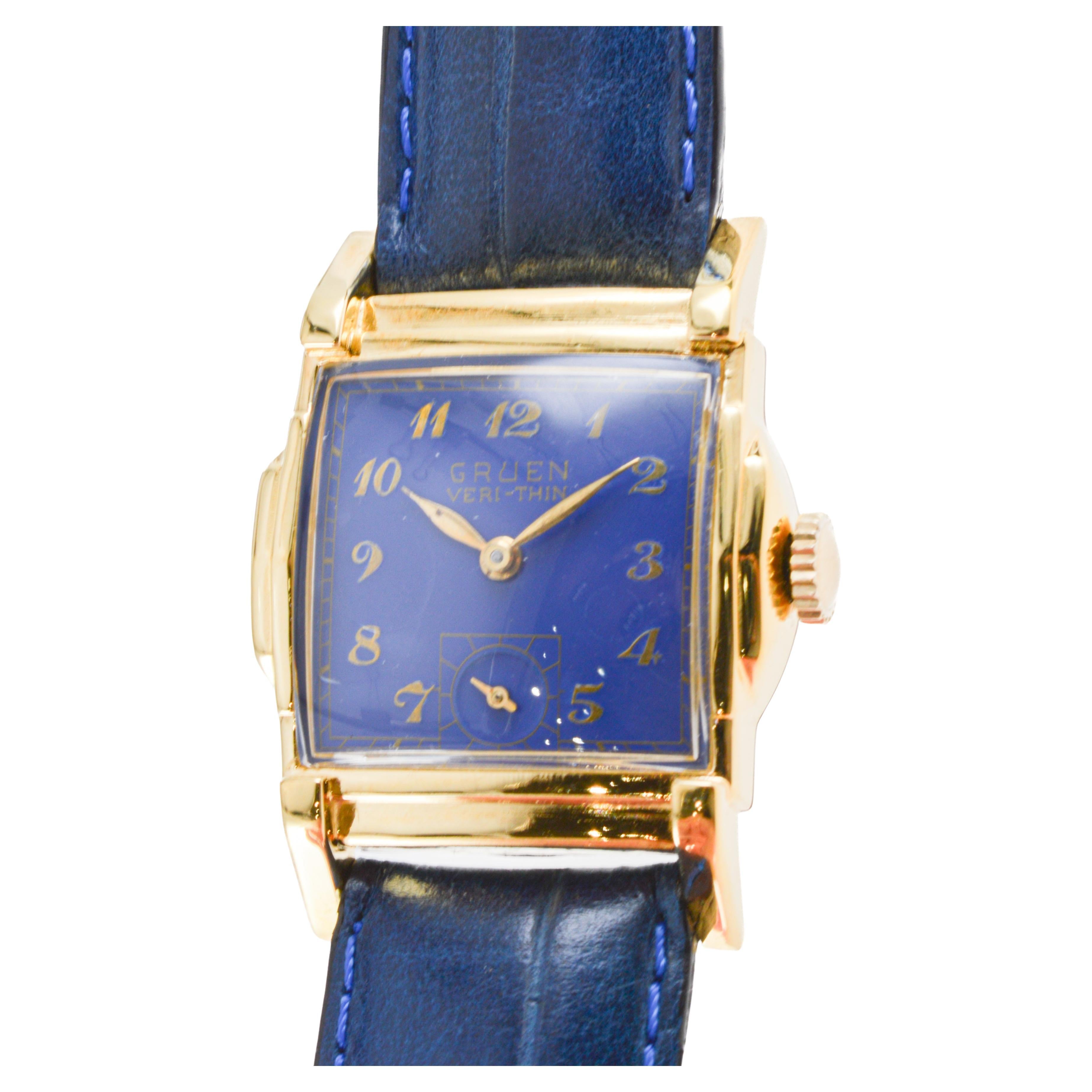 Gruen Gold-Filled Art Deco Tank Watch with Custom Blue Dial For Sale 1