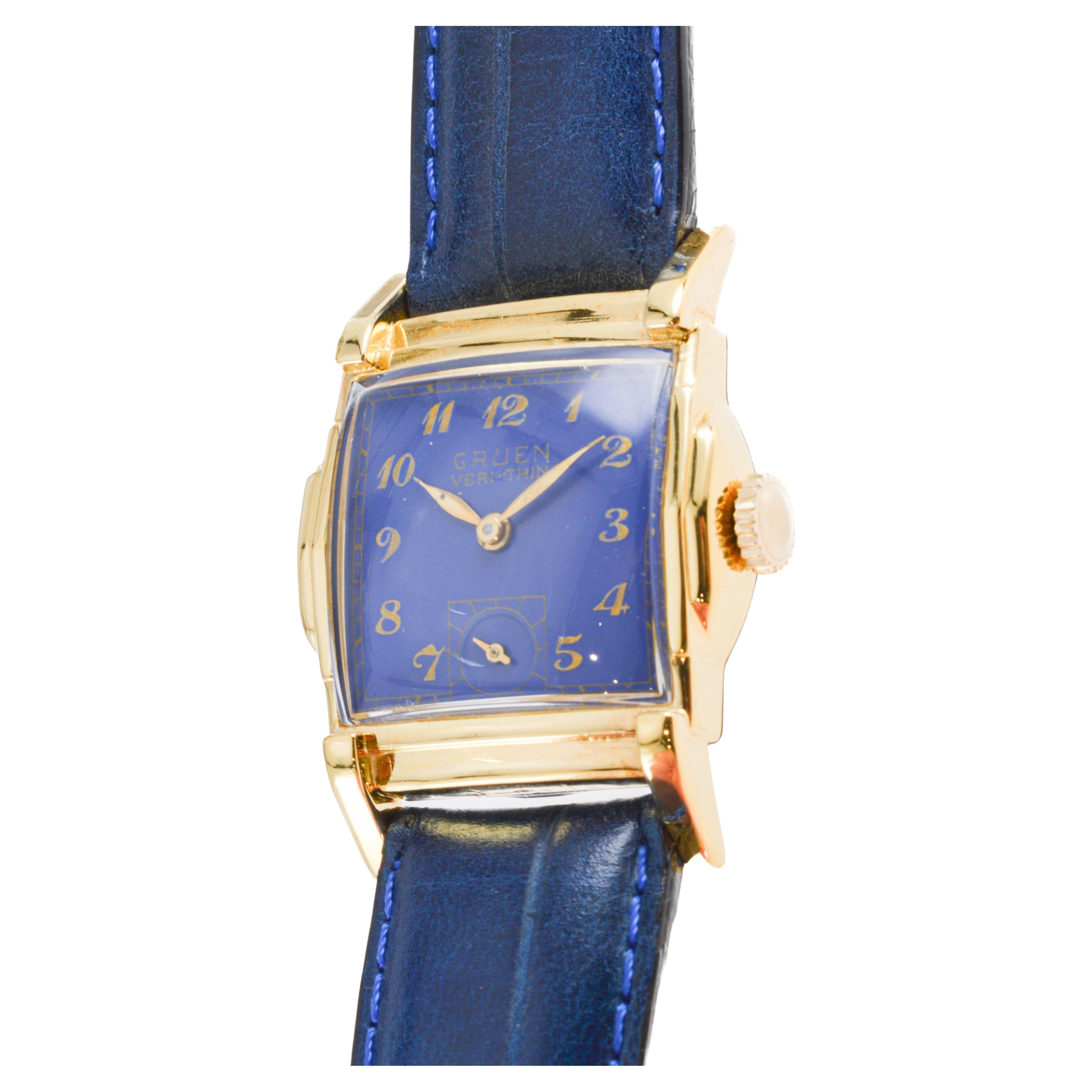 Gruen Gold-Filled Art Deco Tank Watch with Custom Blue Dial For Sale 2