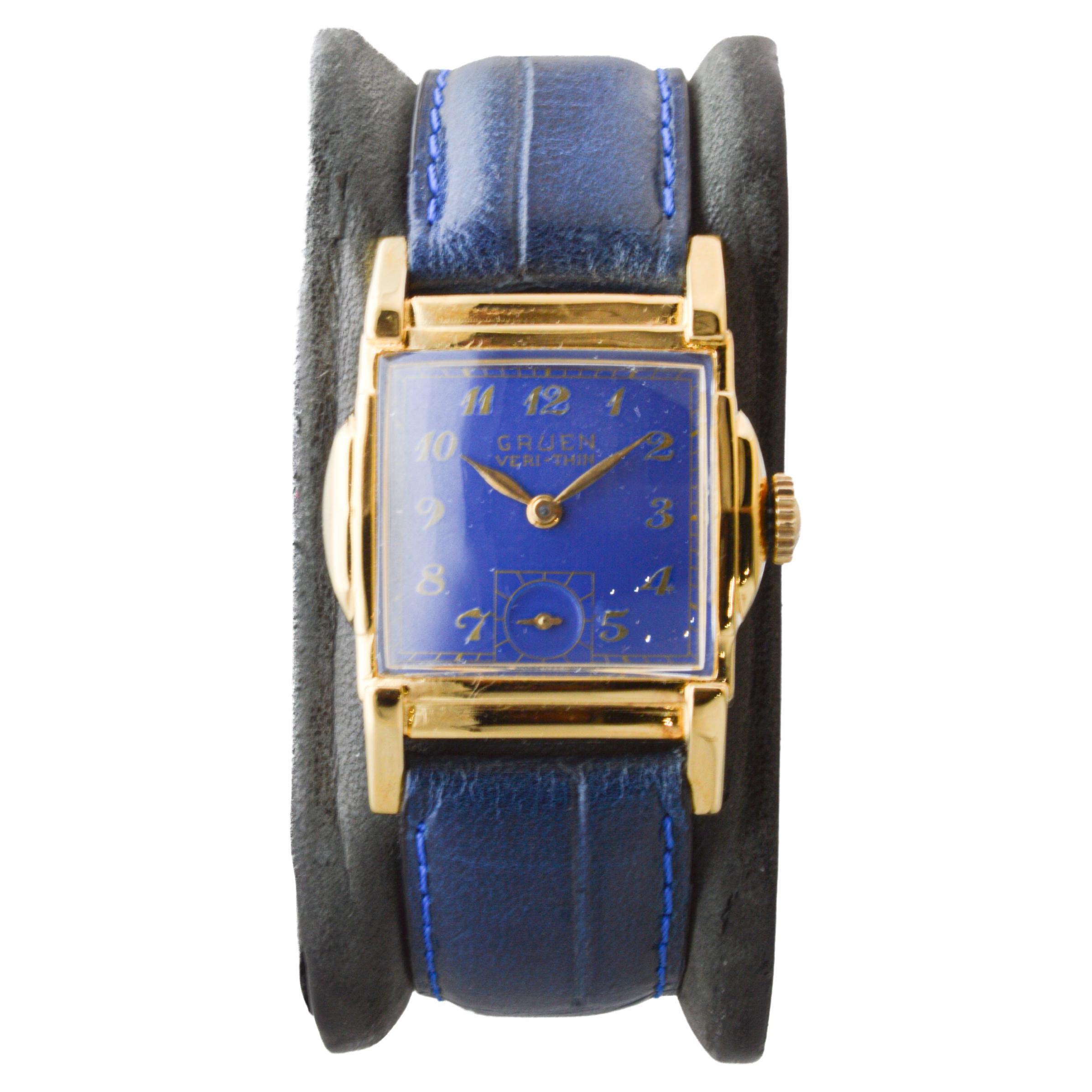 Gruen Gold-Filled Art Deco Tank Watch with Custom Blue Dial