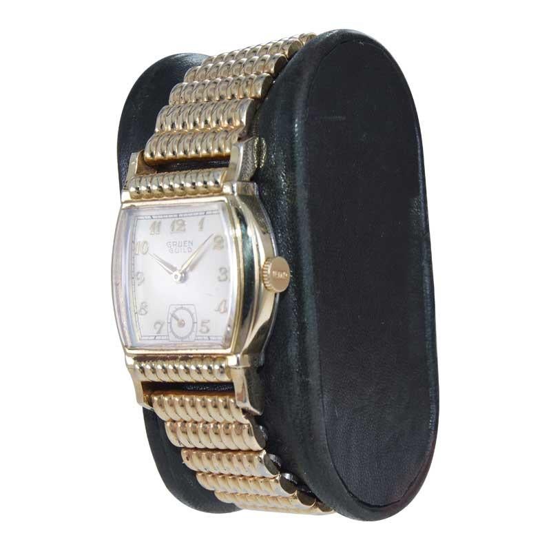 Women's or Men's Gruen Gold Filled Art Deco Styled Wrist Watch with a Rare Matching Bracelet For Sale