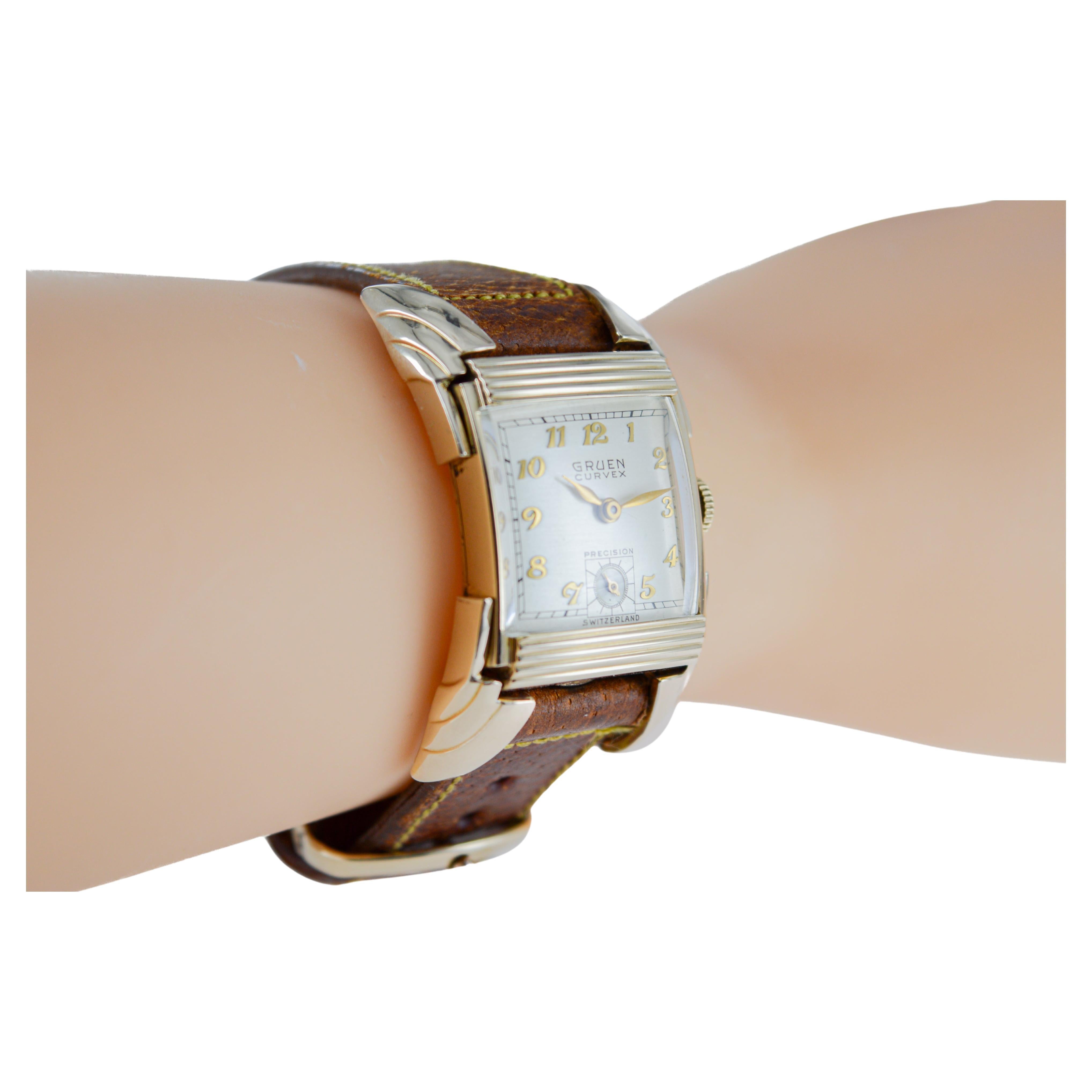 Gruen Gold Filled Rare Ristside Art Deco Watch 1950 with Original Strap For Sale 1