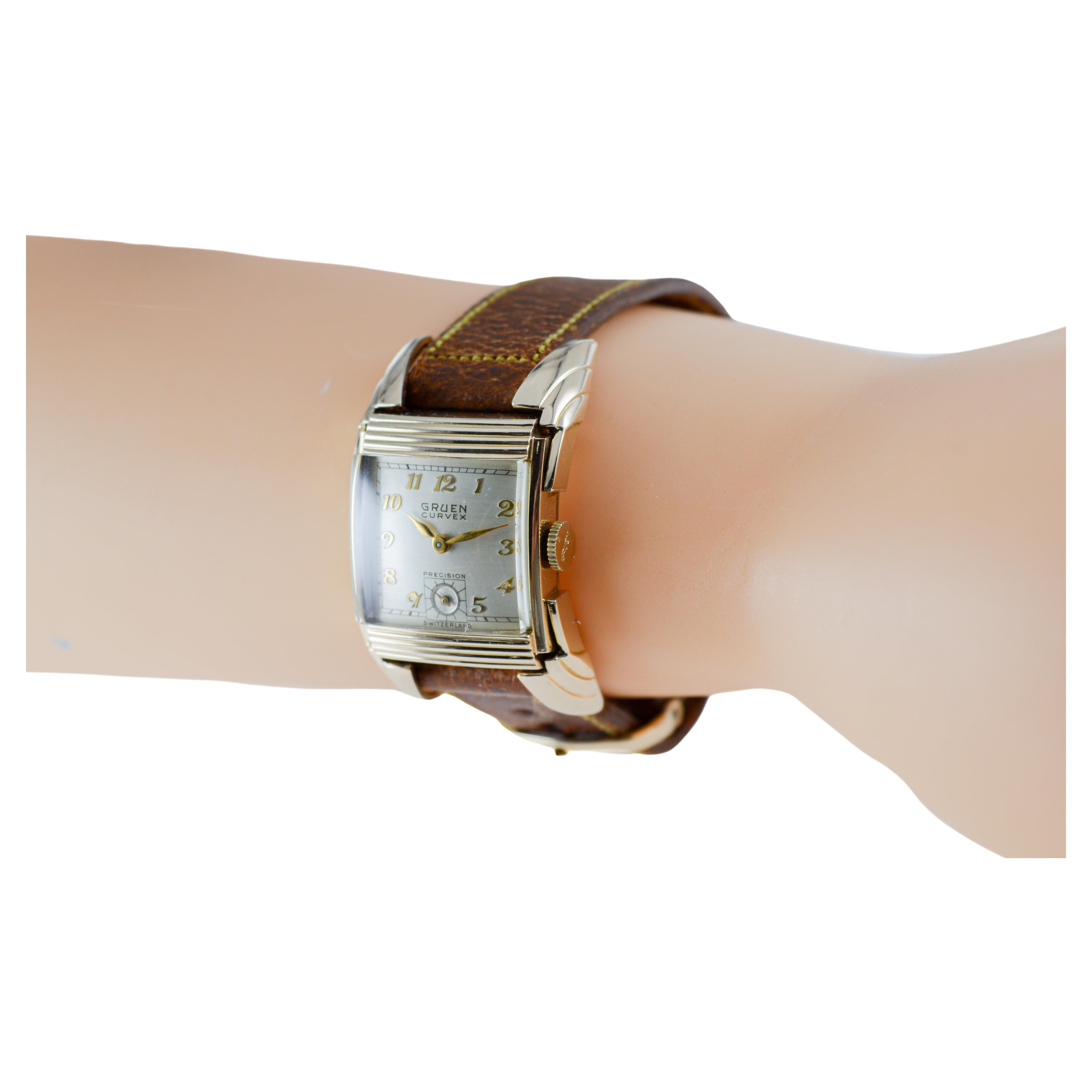 Gruen Gold Filled Rare Ristside Art Deco Watch 1950 with Original Strap For Sale 2