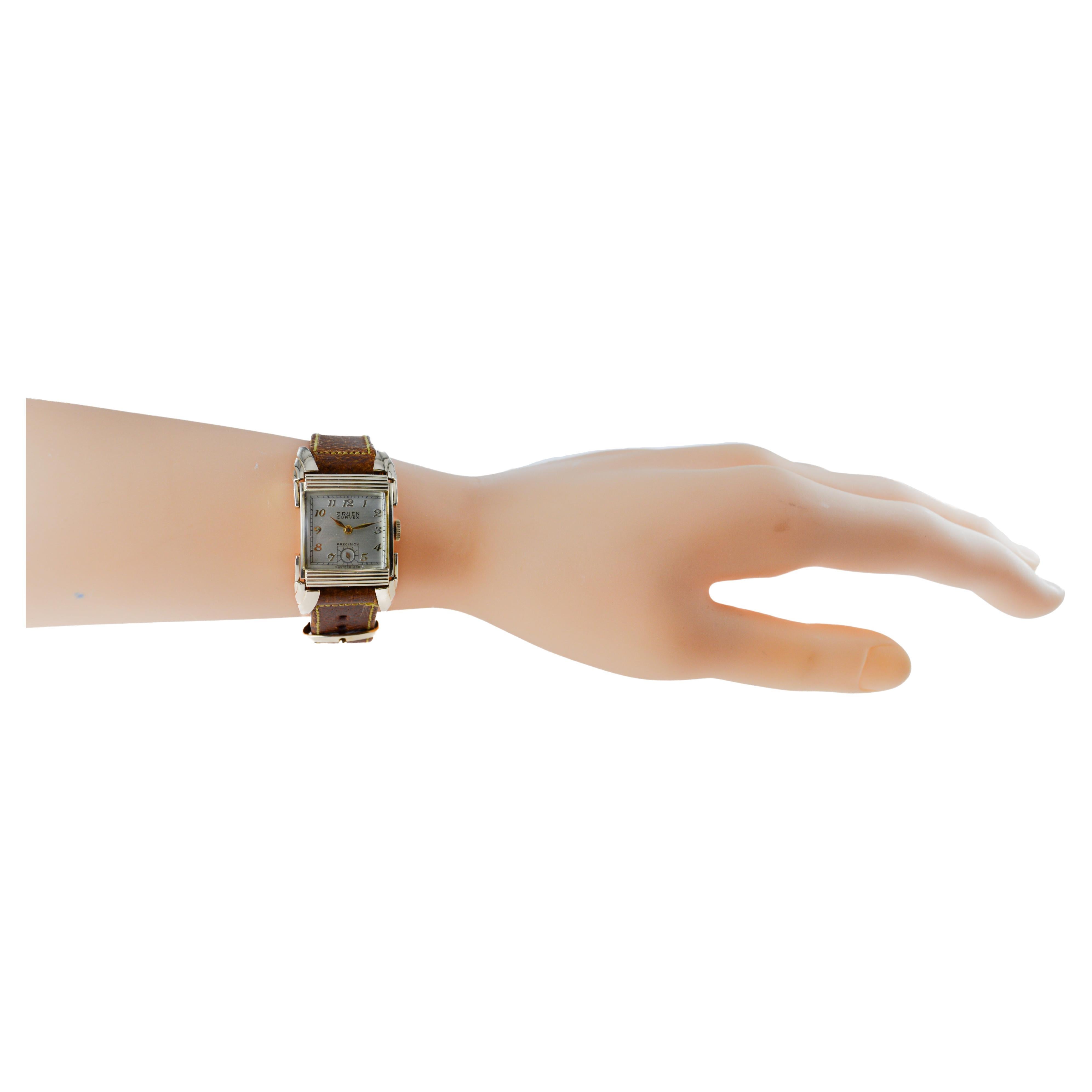 Gruen Gold Filled Rare Ristside Art Deco Watch 1950 with Original Strap For Sale 3
