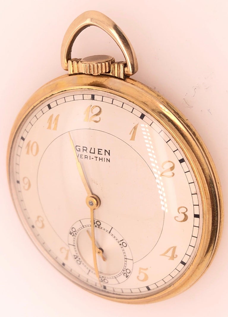 Art Deco Gruen Open Face Veri-Thin 10 Karat Gold Filled Pocket Watch 15 Jewels For Sale