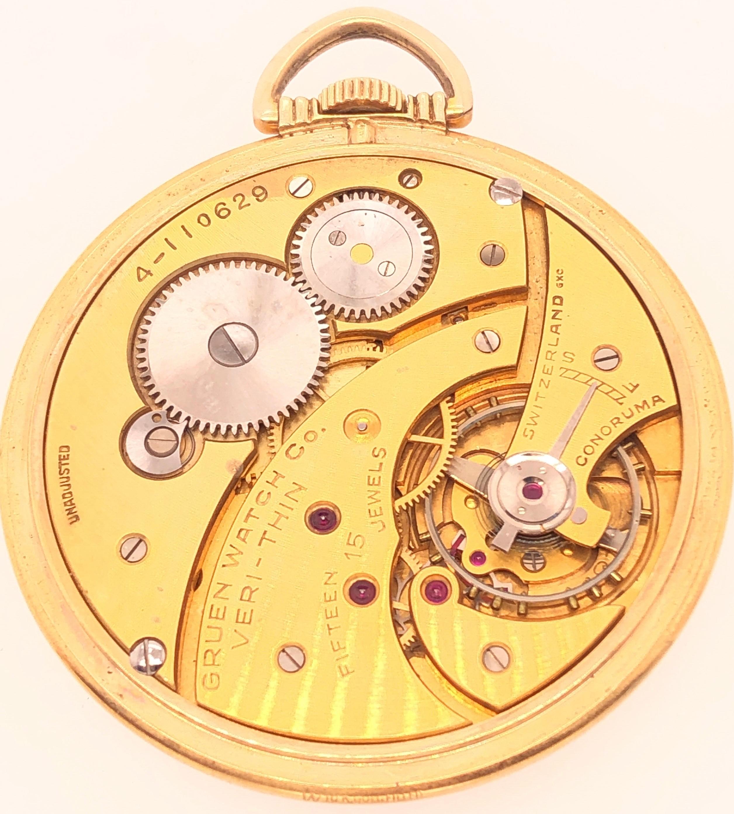 Art Deco Gruen Open Face Veri-Thin 10 Karat Gold Filled Pocket Watch 15 Jewels For Sale