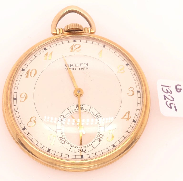 Gruen Open Face Veri-Thin 10 Karat Gold Filled Pocket Watch 15 Jewels For Sale 2