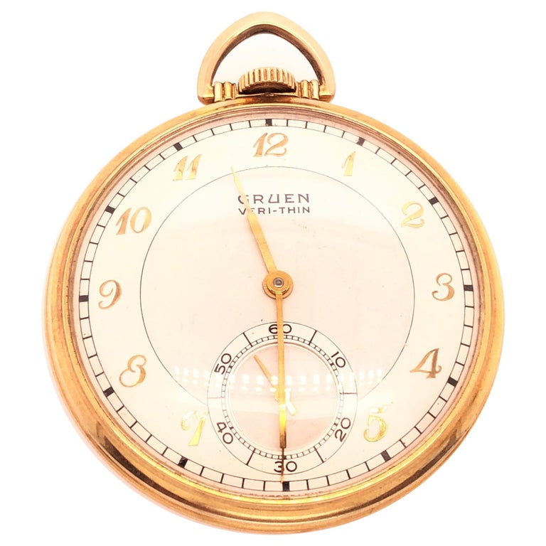 Gruen Open Face Veri-Thin 10 Karat Gold Filled Pocket Watch 15 Jewels For Sale