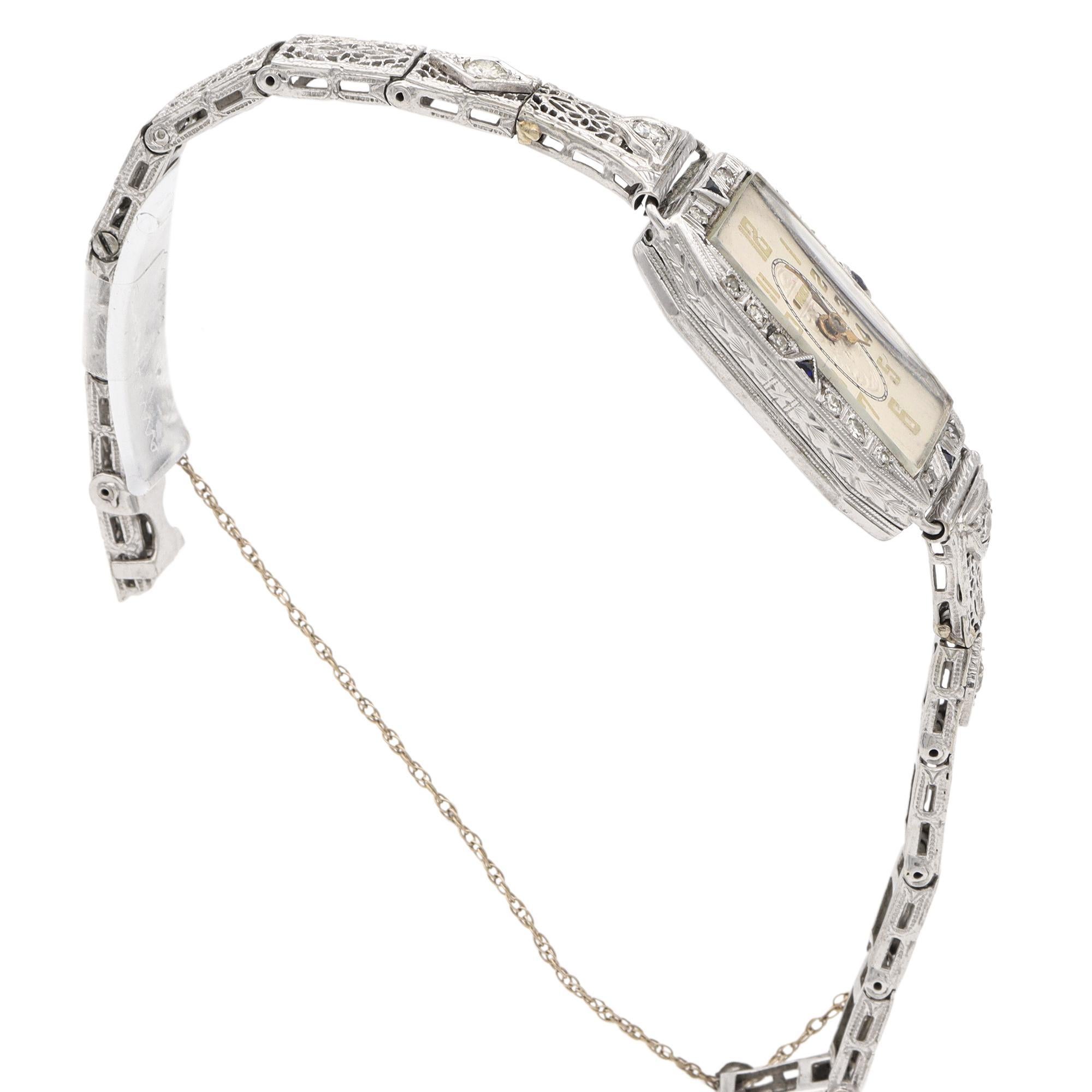 Cabochon Gruen Platinum Case 14K White Gold Band Diamond Sapphire Women's Hand Wind Watch For Sale