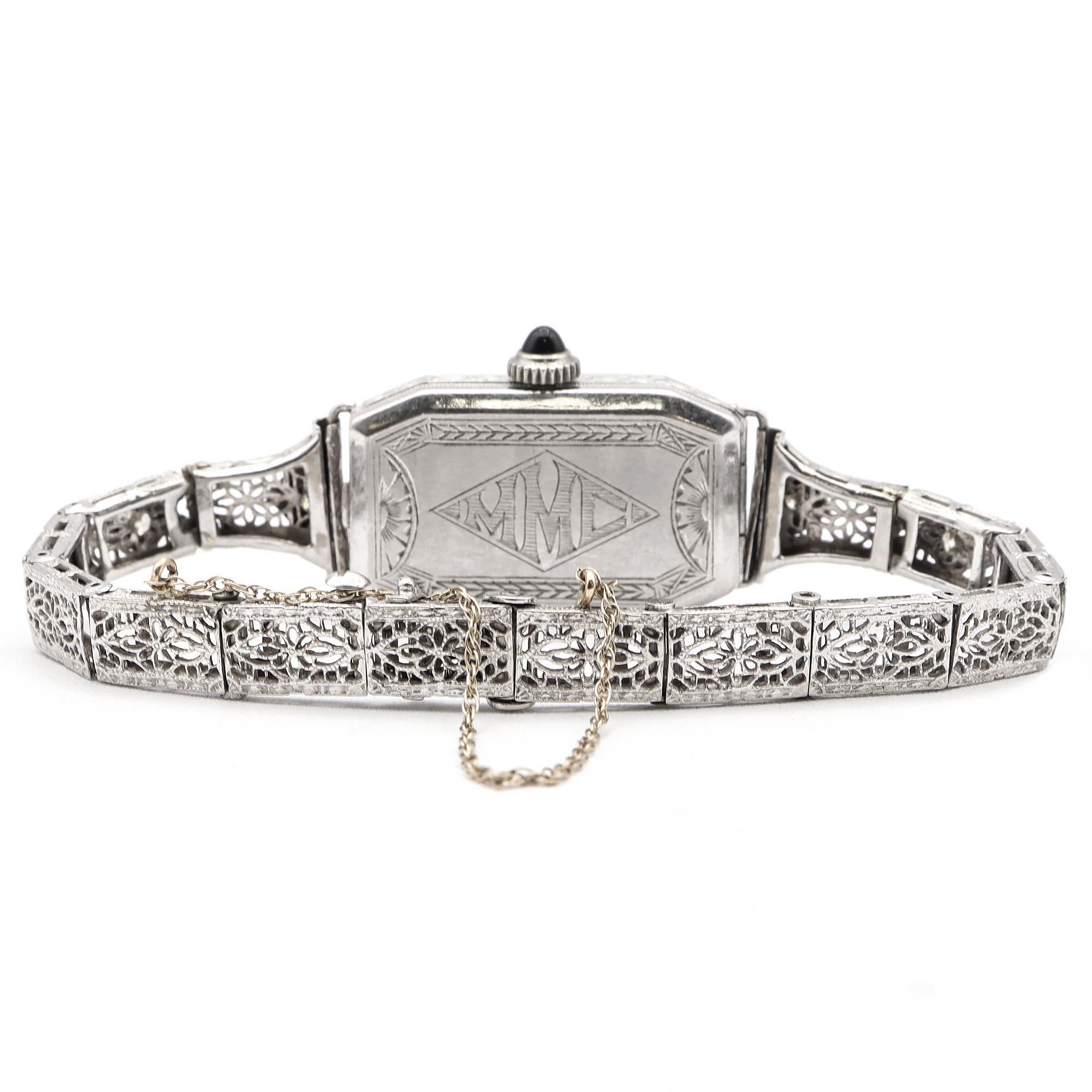 Gruen Platinum Case 14K White Gold Band Diamond Sapphire Women's Hand Wind Watch For Sale 1