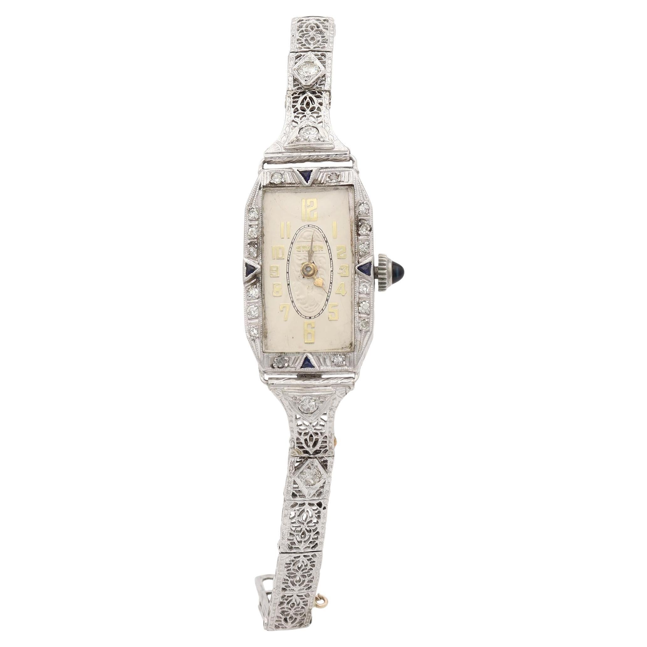Gruen Platinum Case 14K White Gold Band Diamond Sapphire Women's Hand Wind Watch