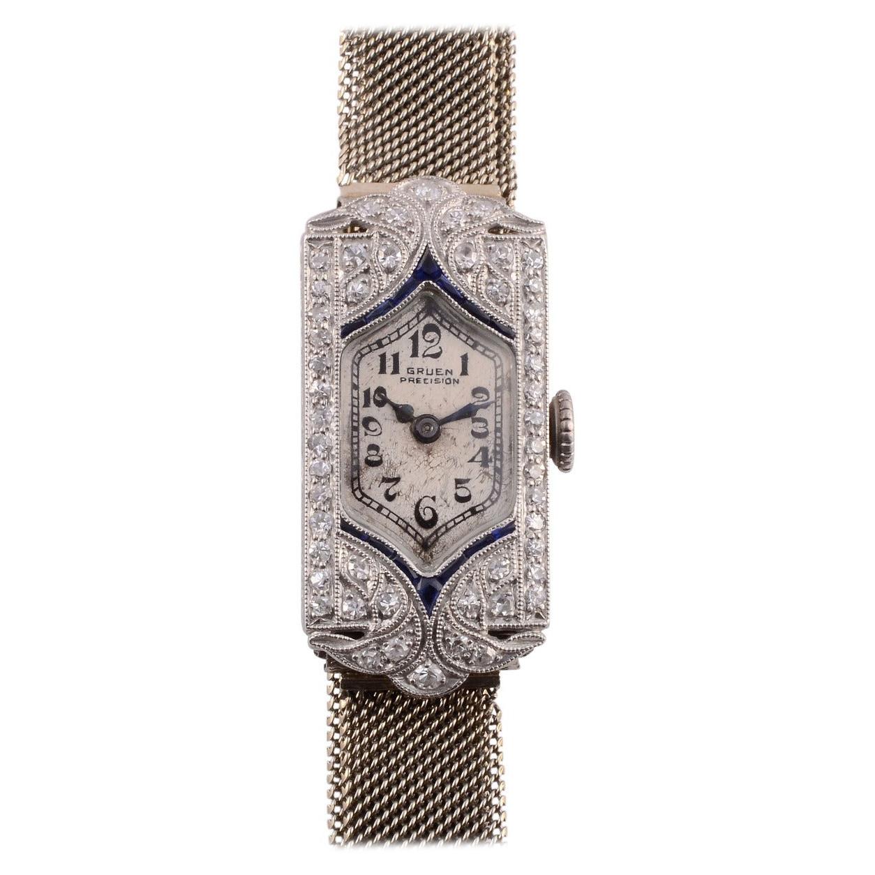 Gruen Platinum Diamond and Sapphire Wrist Watch