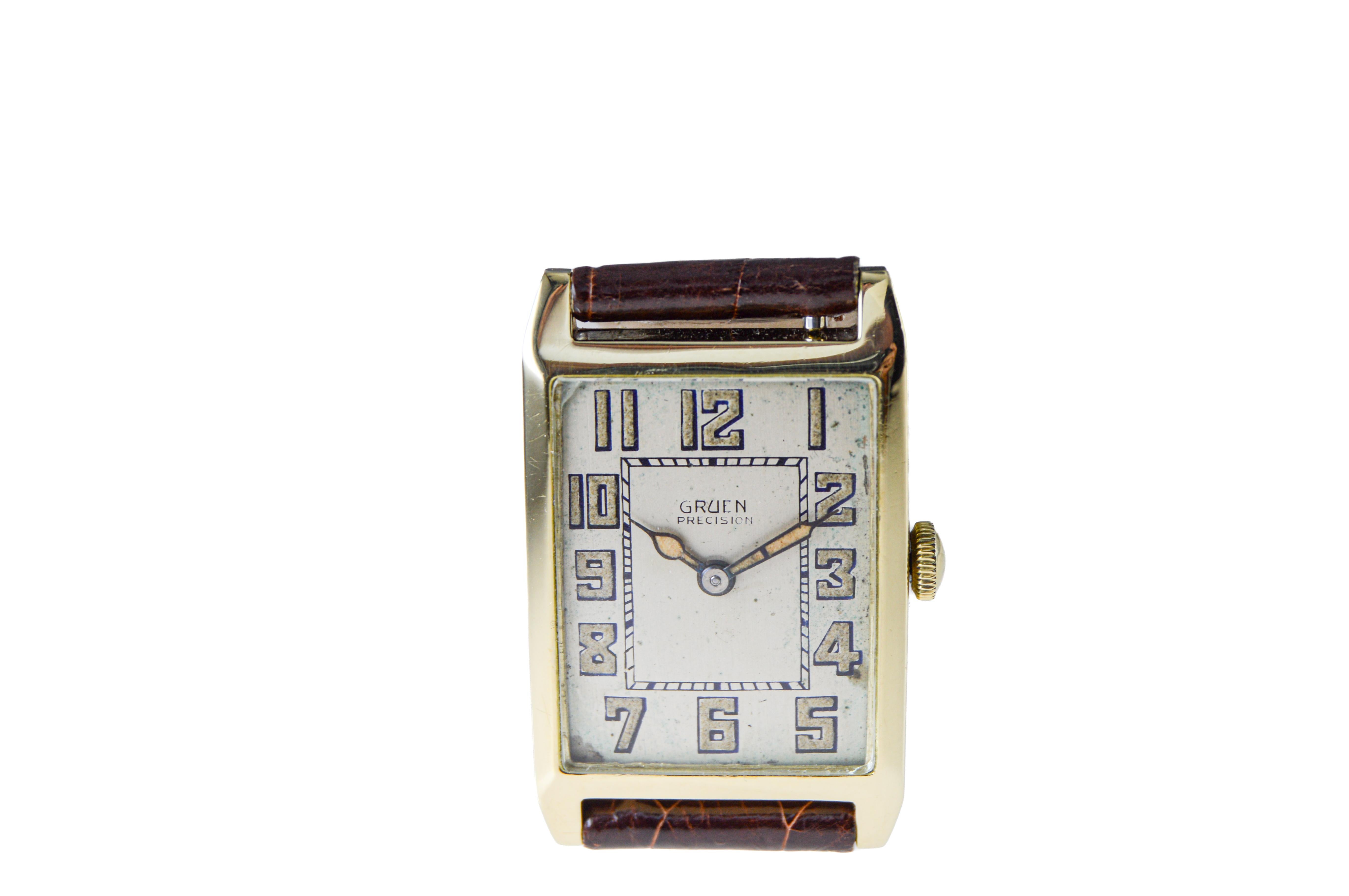 Gruen Rare 14Kt Art Deco Tank Style Watch with Original Dial from 1930  For Sale 3