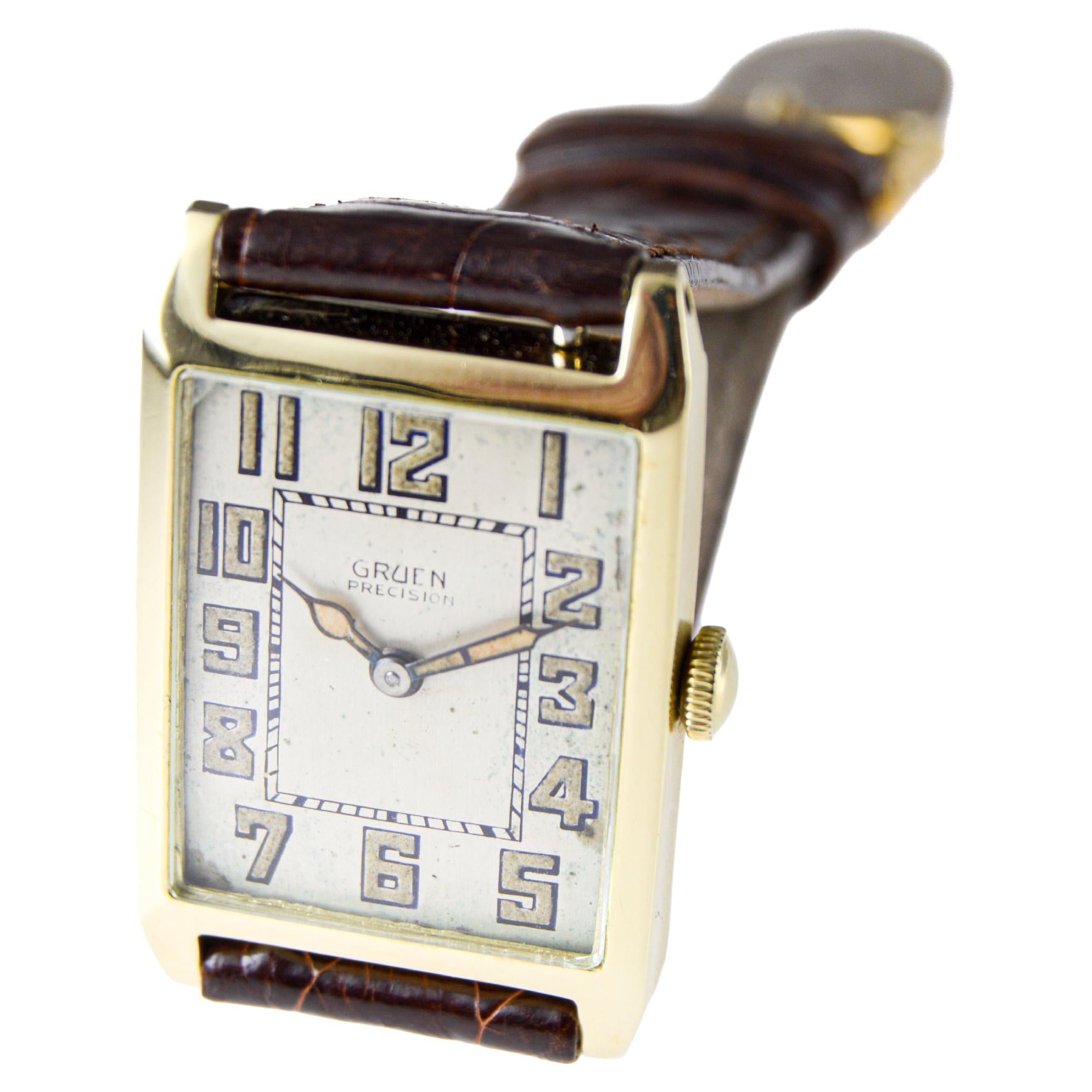Gruen Rare 14Kt Art Deco Tank Style Watch with Original Dial from 1930  For Sale 4