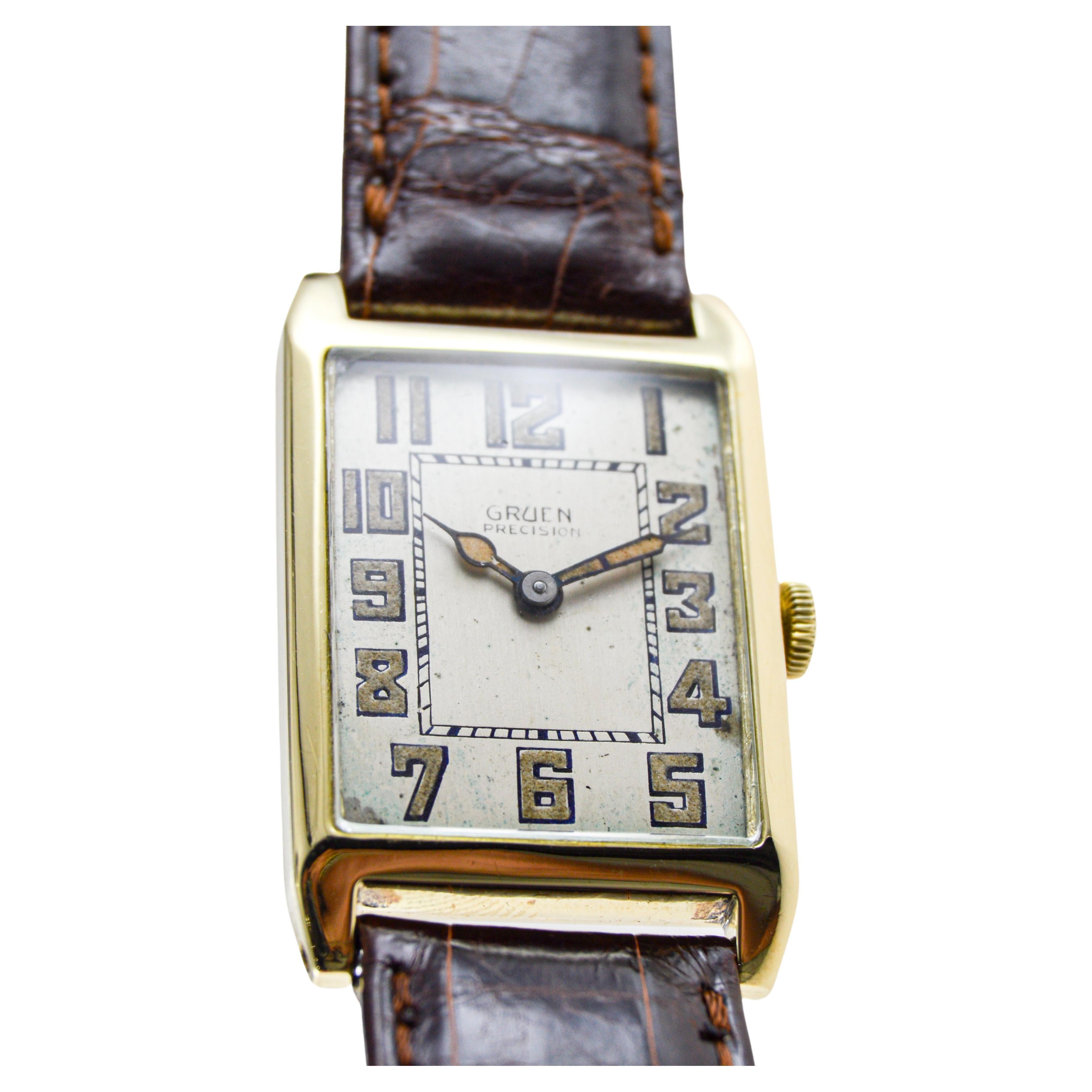 Women's or Men's Gruen Rare 14Kt Art Deco Tank Style Watch with Original Dial from 1930  For Sale