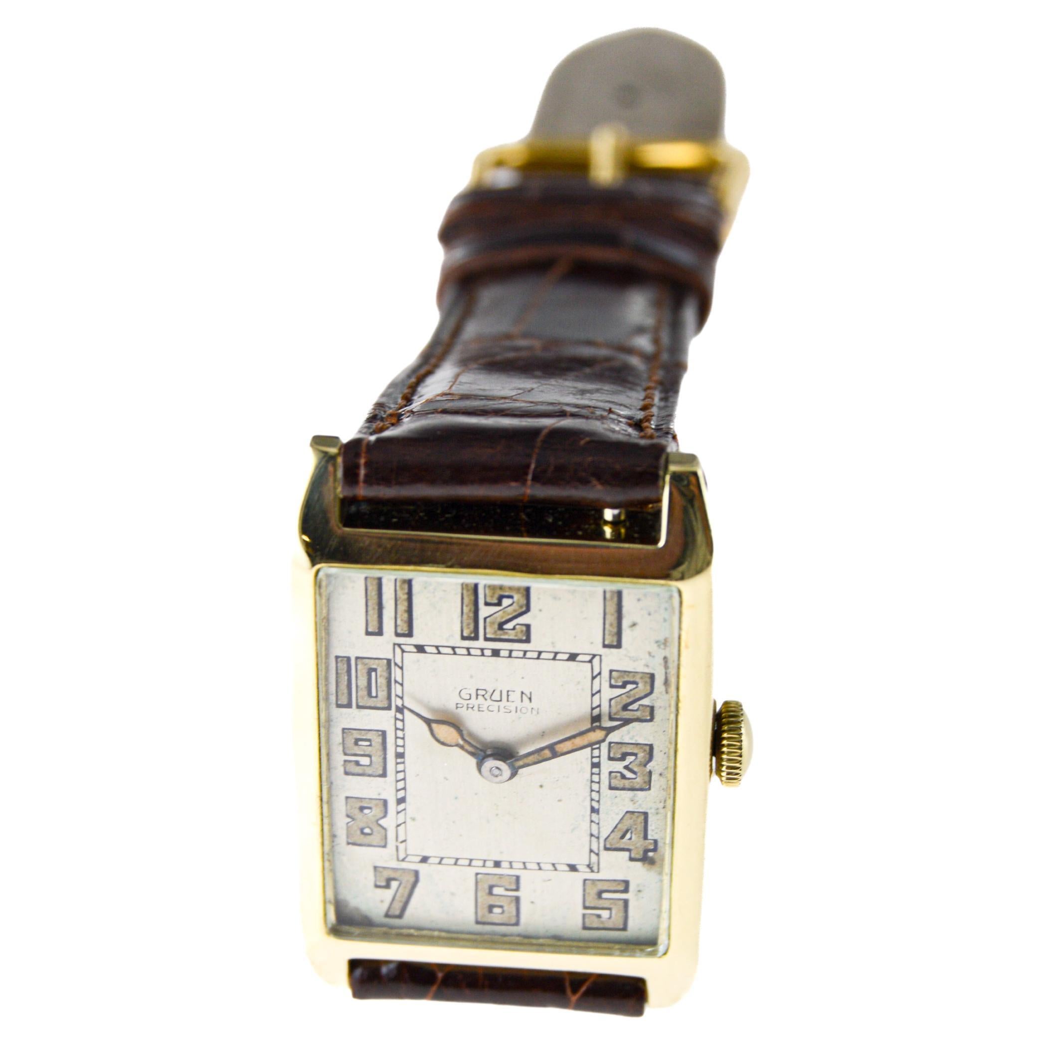 Gruen Rare 14Kt Art Deco Tank Style Watch with Original Dial from 1930  For Sale 2