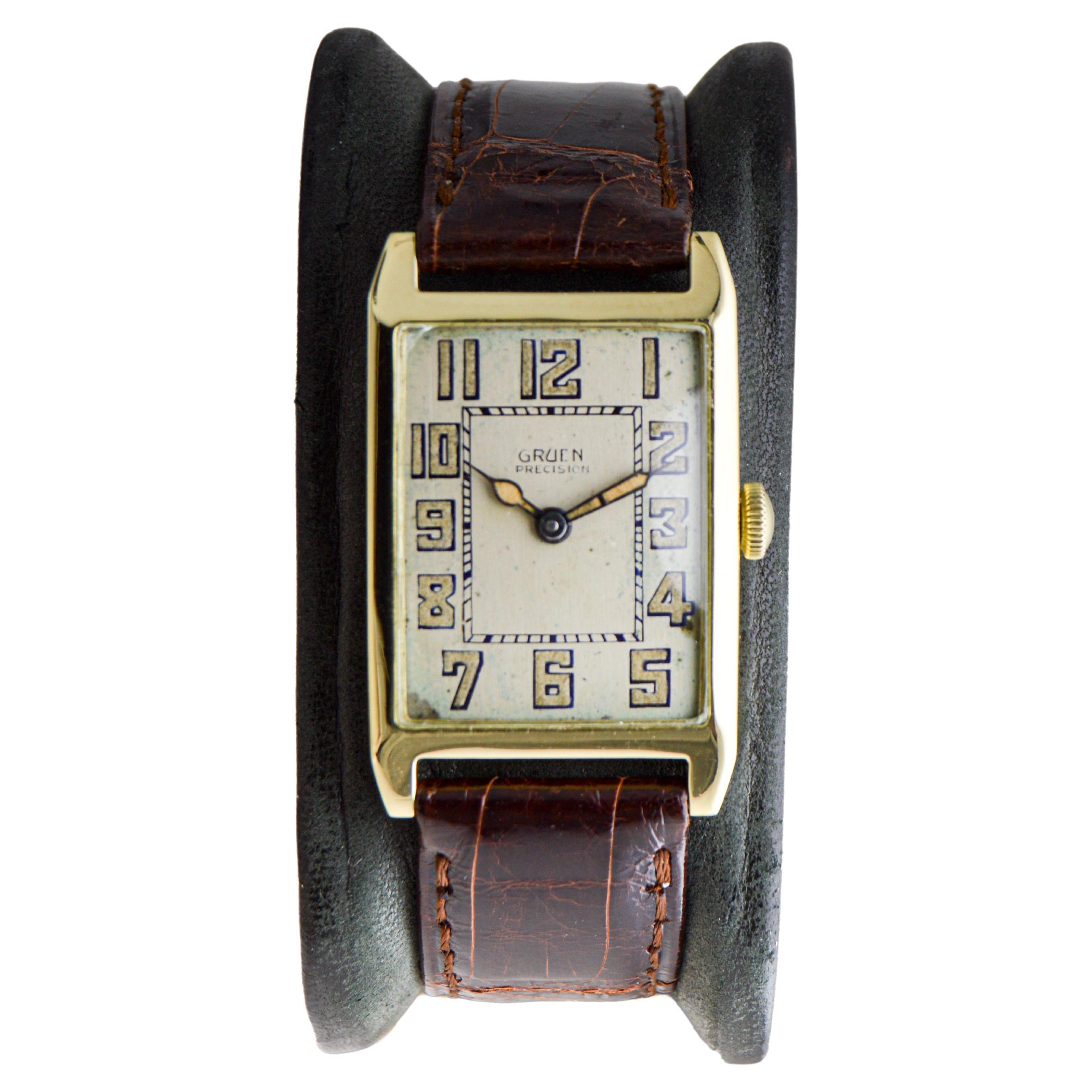 Gruen Rare 14Kt Art Deco Tank Style Watch with Original Dial from 1930  For Sale