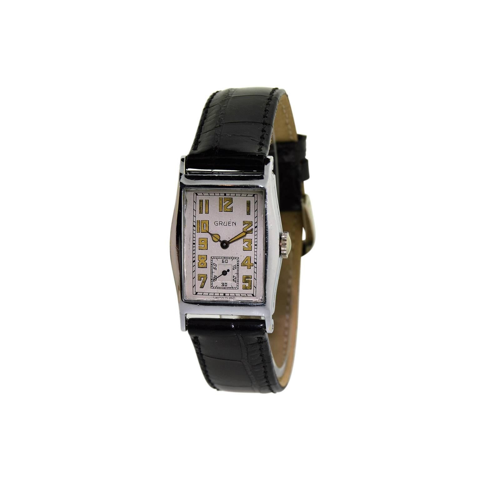 FACTORY / HOUSE: Gruen Watch Company
STYLE / REFERENCE: Art Deco
METAL / MATERIAL: 14kt. Solid Gold with Chrome Overlay
CIRCA: 1928 
DIMENSIONS: 38mm X 24mm
MOVEMENT / CALIBER: Manual Winding / 17 Jewels 
DIAL / HANDS: Original Silvered Luminous