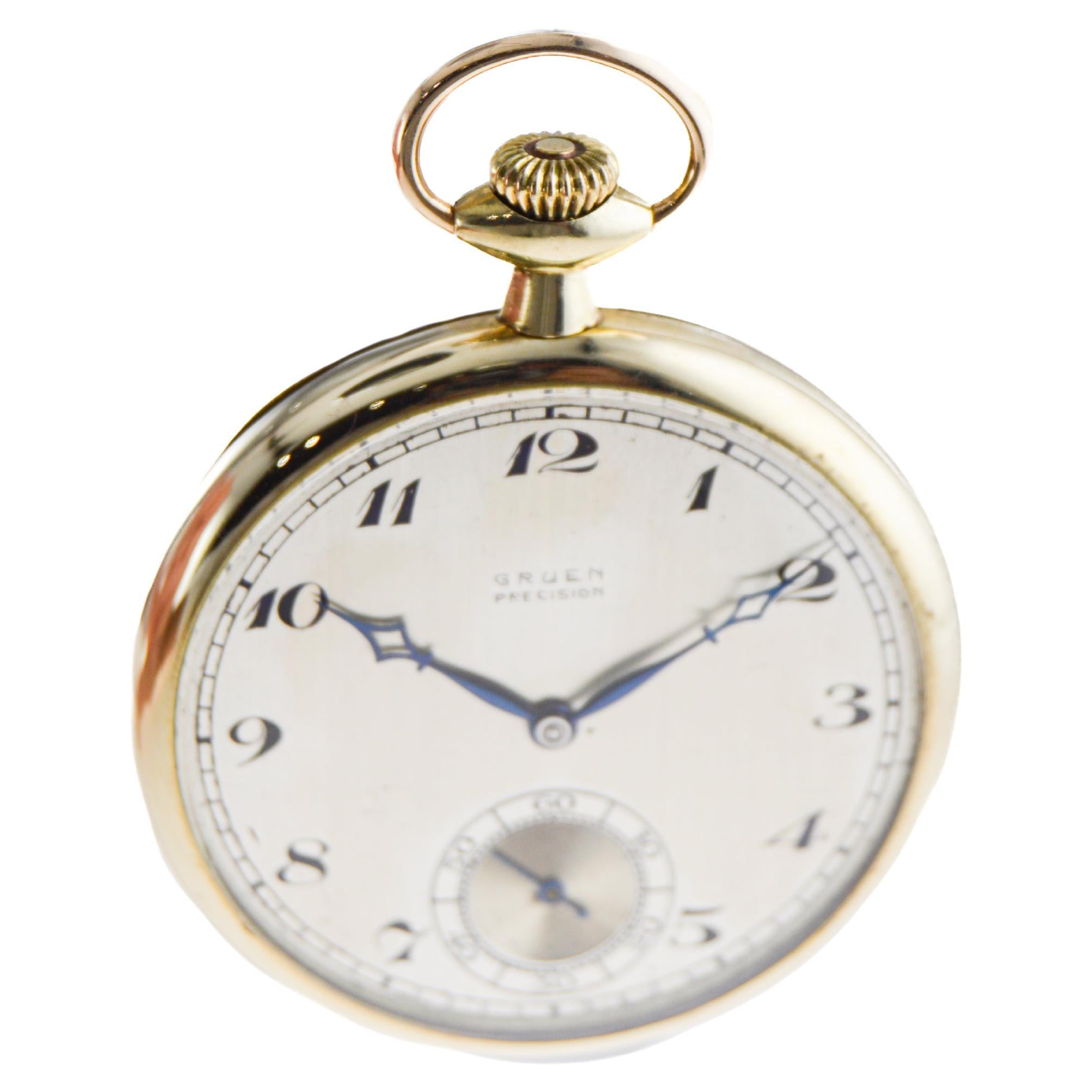 Gruen  Solid Yellow Gold Pocket Watch with Original Dial by Stern Freres 1920's For Sale 2