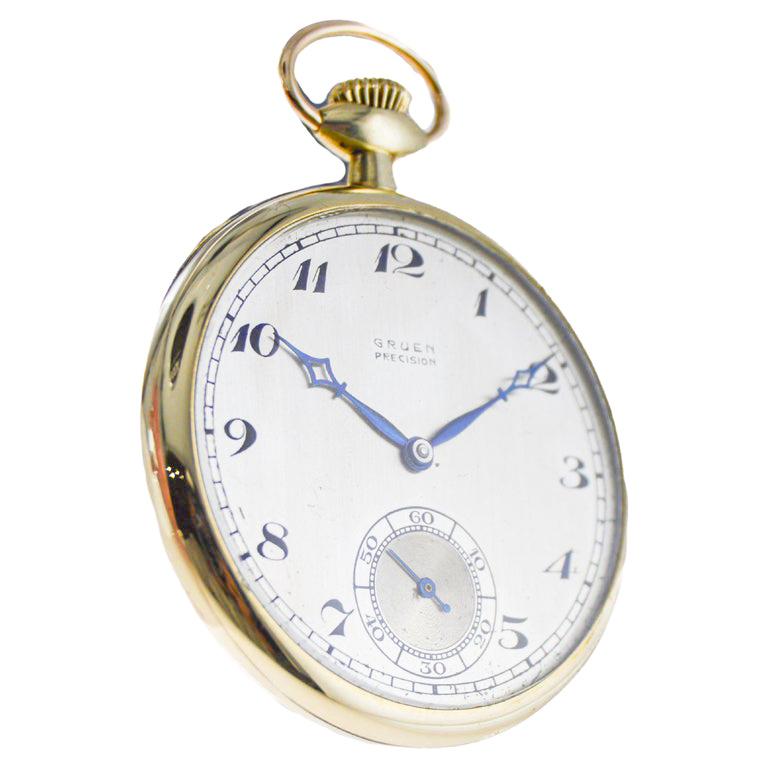 Art Deco Gruen  Solid Yellow Gold Pocket Watch with Original Dial by Stern Freres 1920's For Sale