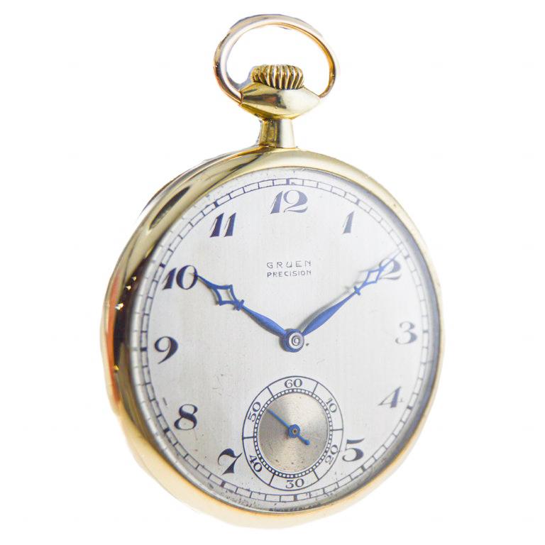 Gruen  Solid Yellow Gold Pocket Watch with Original Dial by Stern Freres 1920's In Excellent Condition For Sale In Long Beach, CA