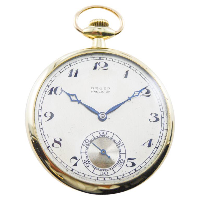 Gruen  Solid Yellow Gold Pocket Watch with Original Dial by Stern Freres 1920's For Sale 1