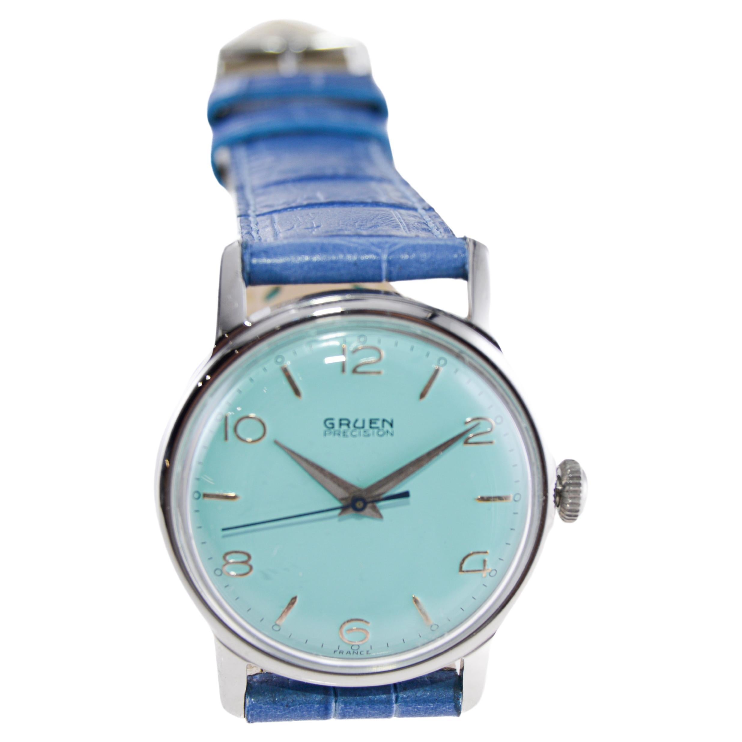 Gruen Steel Art Deco Watch with a Custom Finished Tiffany Blue Dial from, 1950s In Excellent Condition For Sale In Long Beach, CA