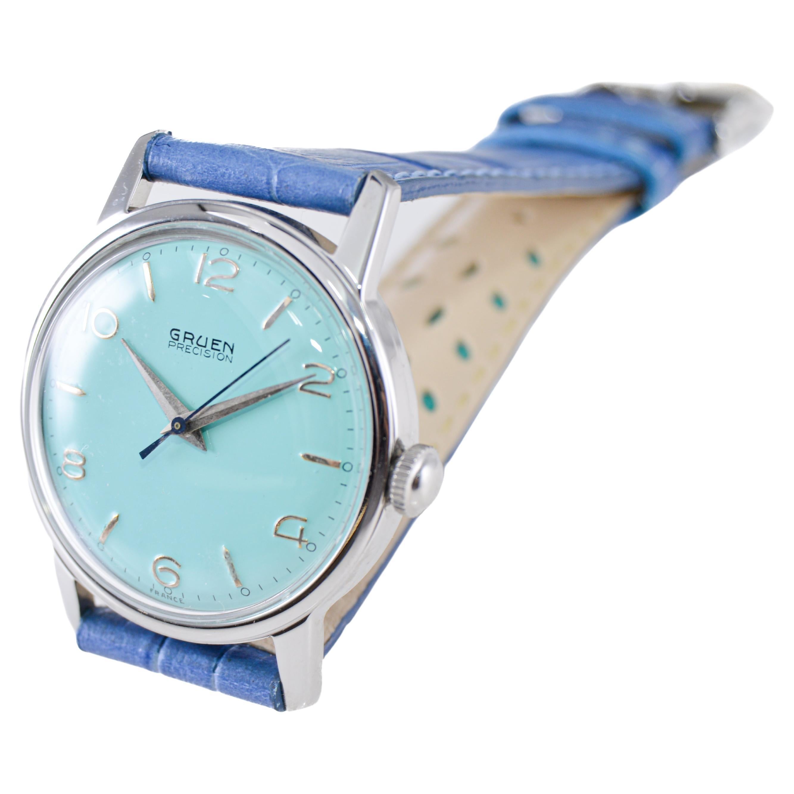 Women's or Men's Gruen Steel Art Deco Watch with a Custom Finished Tiffany Blue Dial from, 1950s For Sale