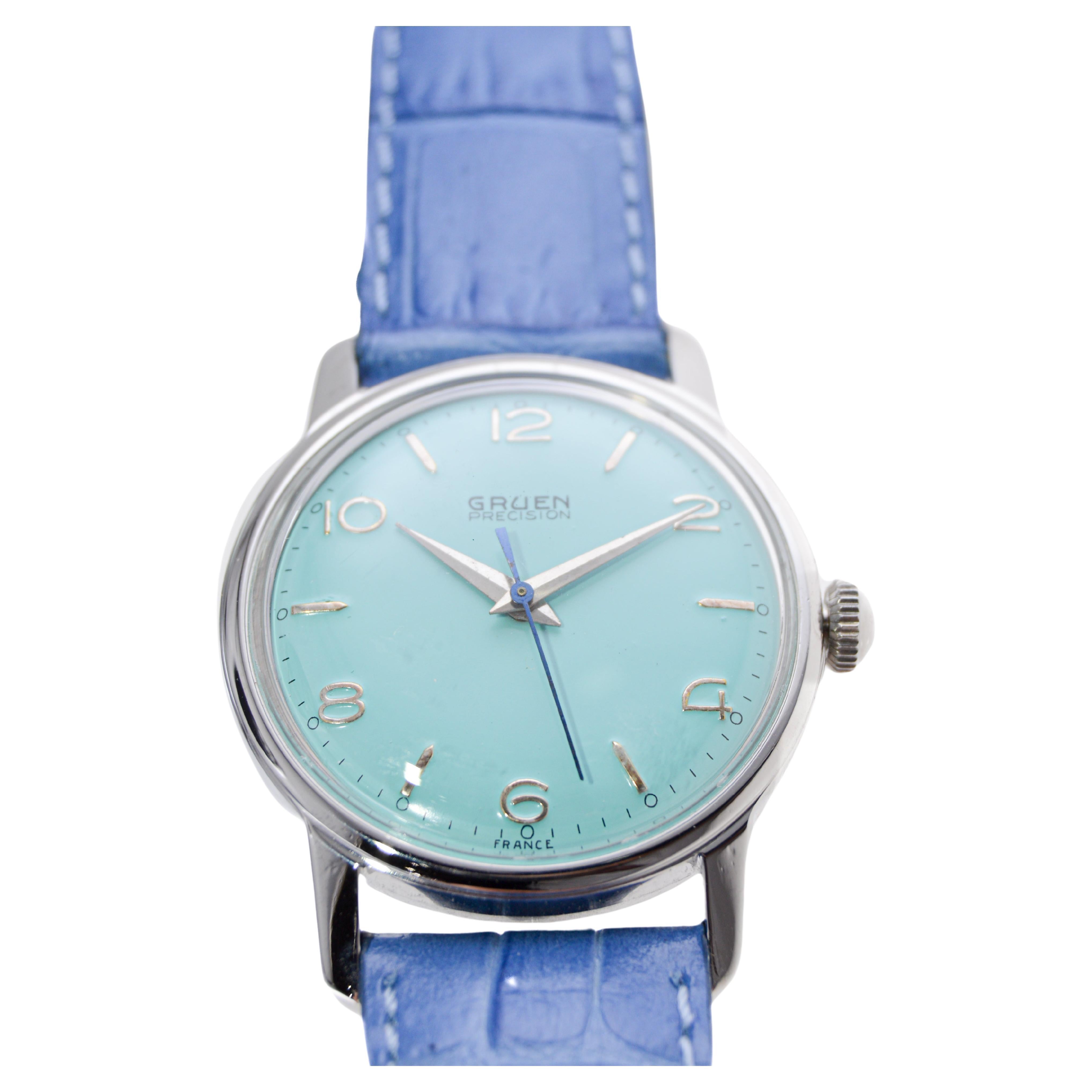 Gruen Steel Art Deco Watch with a Custom Finished Tiffany Blue Dial from, 1950s For Sale 1