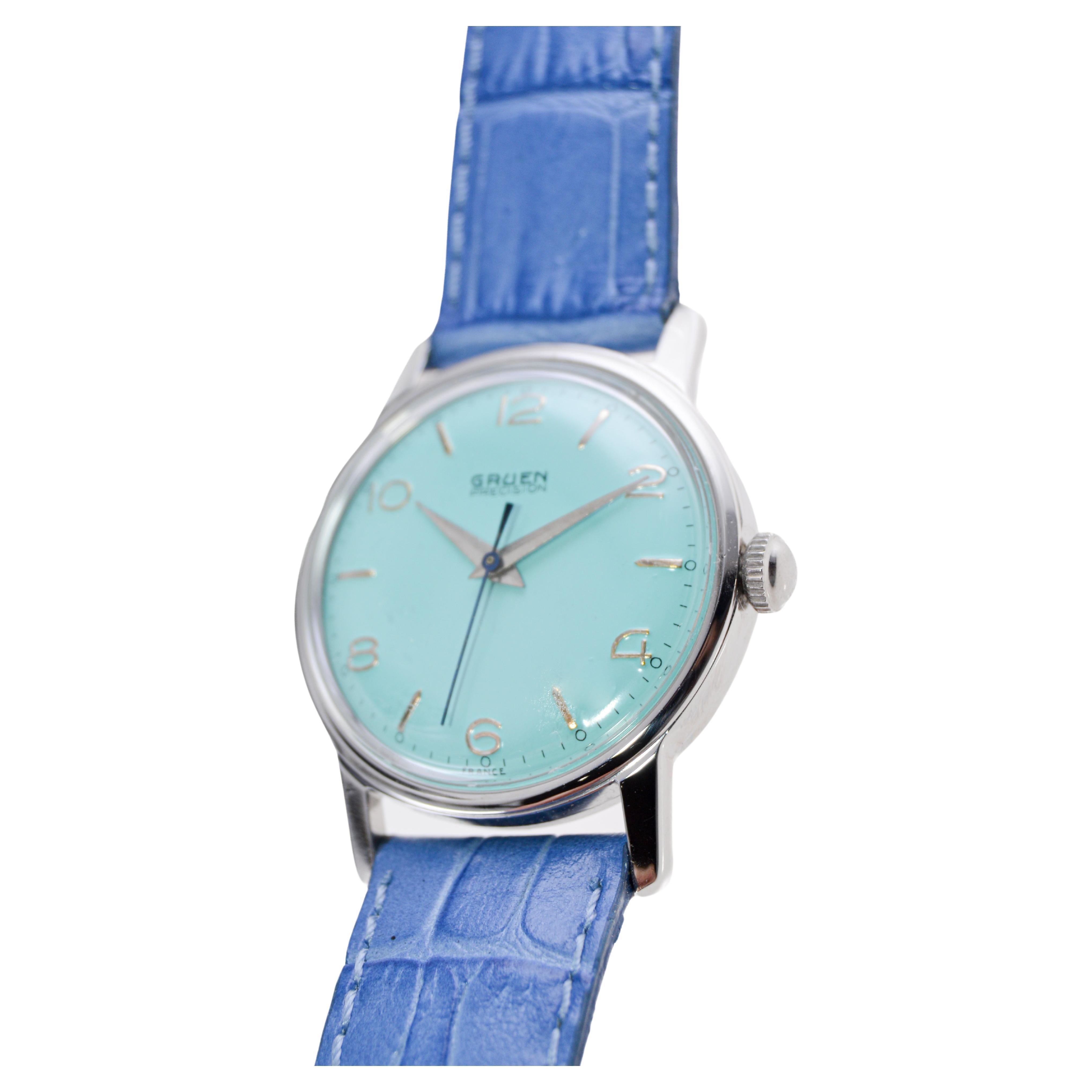 Gruen Steel Art Deco Watch with a Custom Finished Tiffany Blue Dial from, 1950s For Sale 2