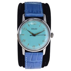 Retro Gruen Steel Art Deco Watch with a Custom Finished Tiffany Blue Dial from 1950s