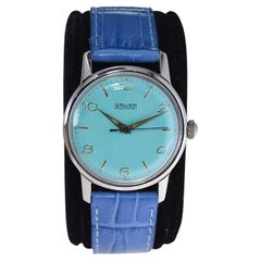 Gruen Stahl-Art-Déco-Uhr mit maßgefertigtem, blauem Tiffany-Zifferblatt aus den 1950er Jahren