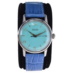 Gruen Montre Art Déco en acier avec cadran bleu Tiffany des années 1950 et finition sur mesure