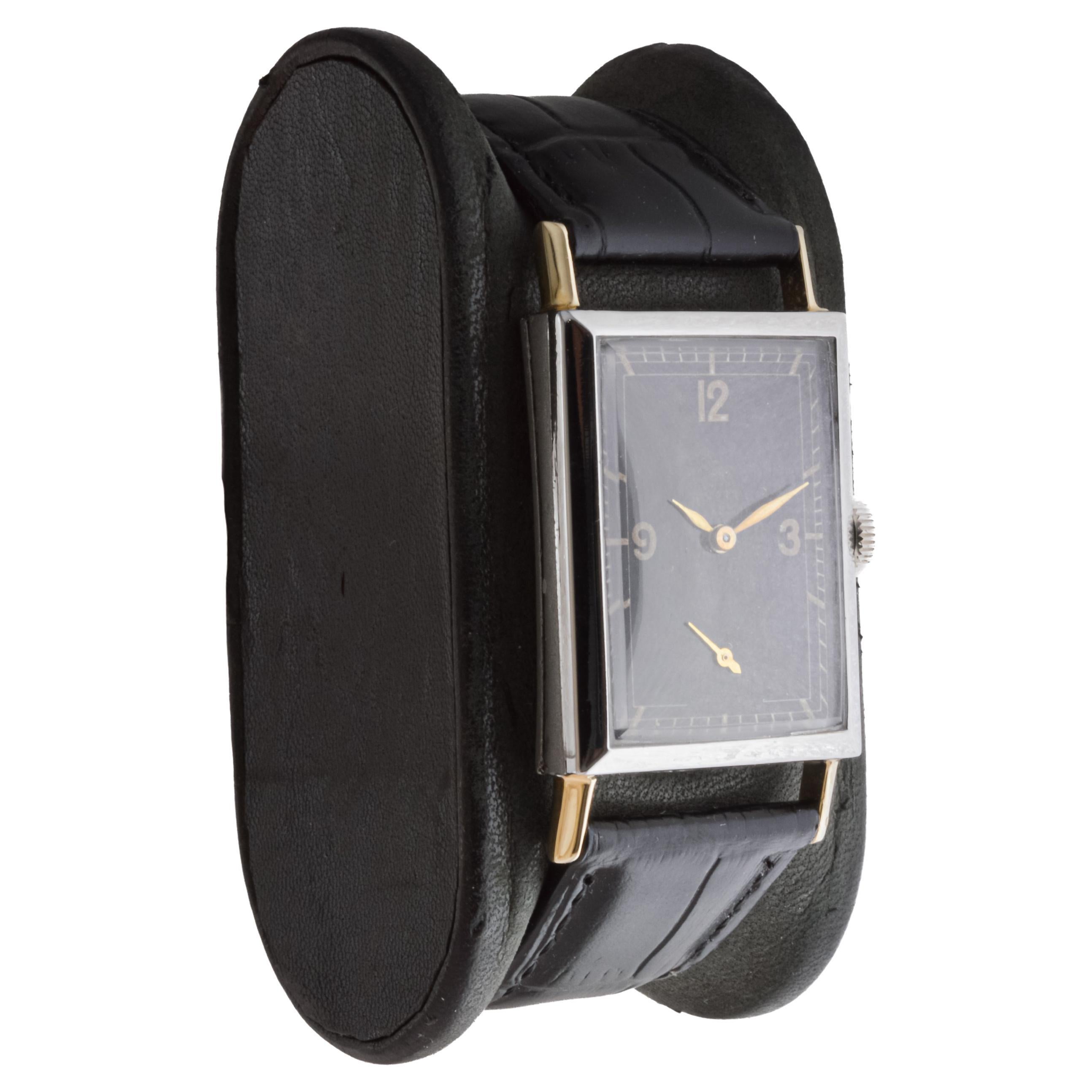 FACTORY / HOUSE: Gruen Watch Company
STYLE / REFERENCE: Art Deco / Tank Style 
METAL / MATERIAL: Steel & Gold 
CIRCA / YEAR: 1930's
DIMENSIONS / SIZE: Length 41mm X Width 22mm
MOVEMENT / CALIBER: Manual Winding / 17 Jewels / Caliber 
DIAL / HANDS: