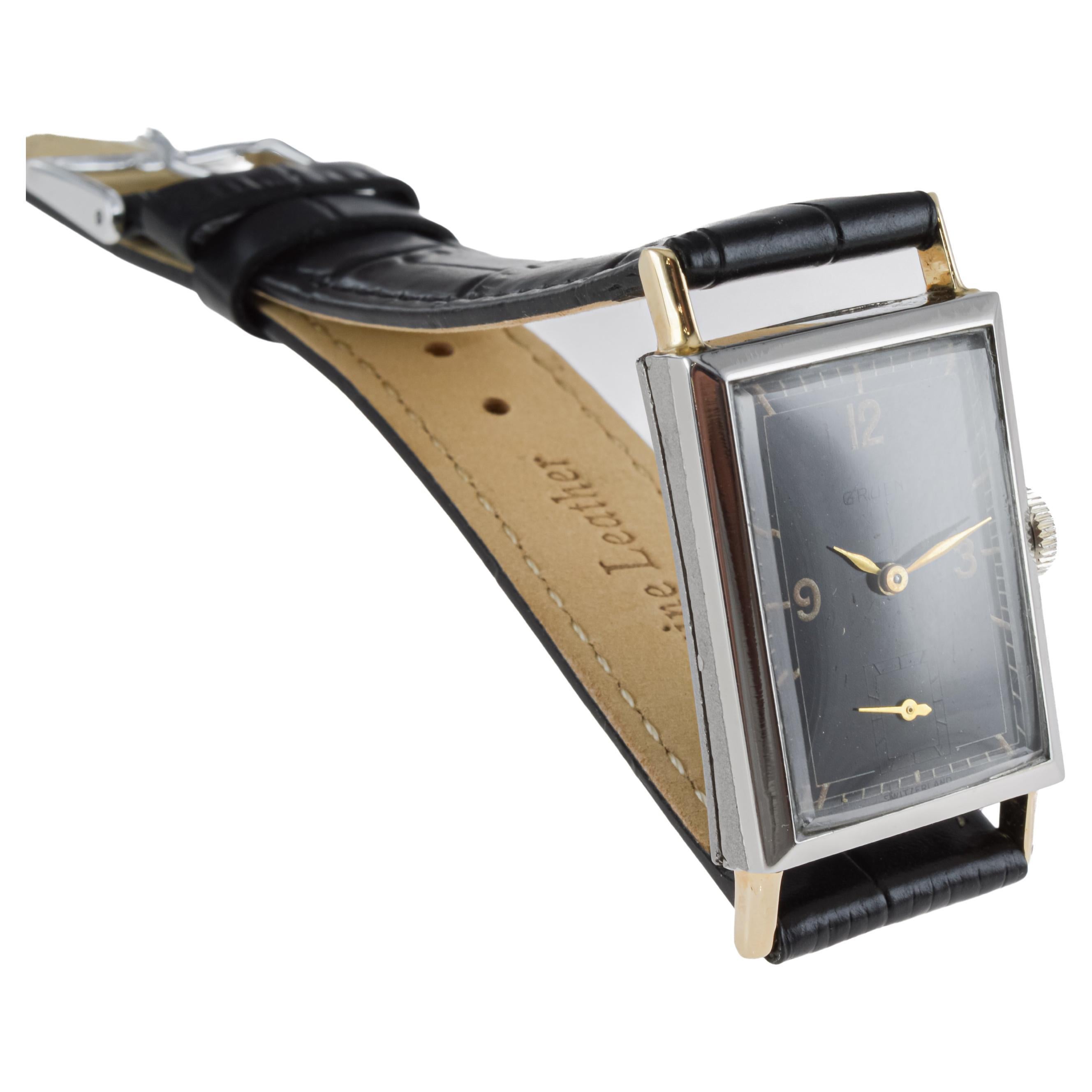 Gruen Steel & Gold Art Deco Watch circa 1930's with Original Dial For Sale 5
