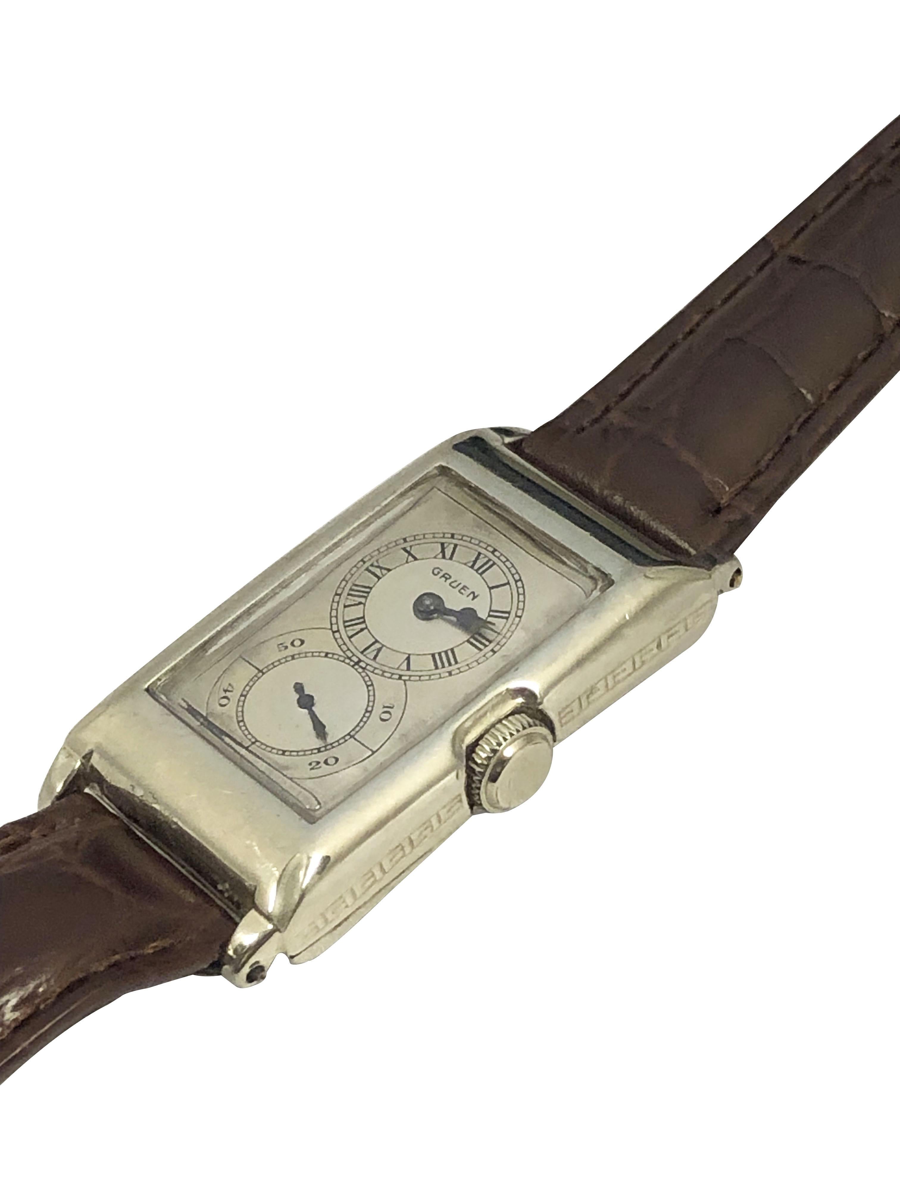 Circa 1930s Gruen Techni Quadron Duo Dial Doctors Wrist watch, 40 x 21 14k White Gold Filled 2 piece case. Caliber 877 Mechanical Manual wind movement, this being the same movement also used in the Rolex Prince Doctors Wrist watches. Original Silver