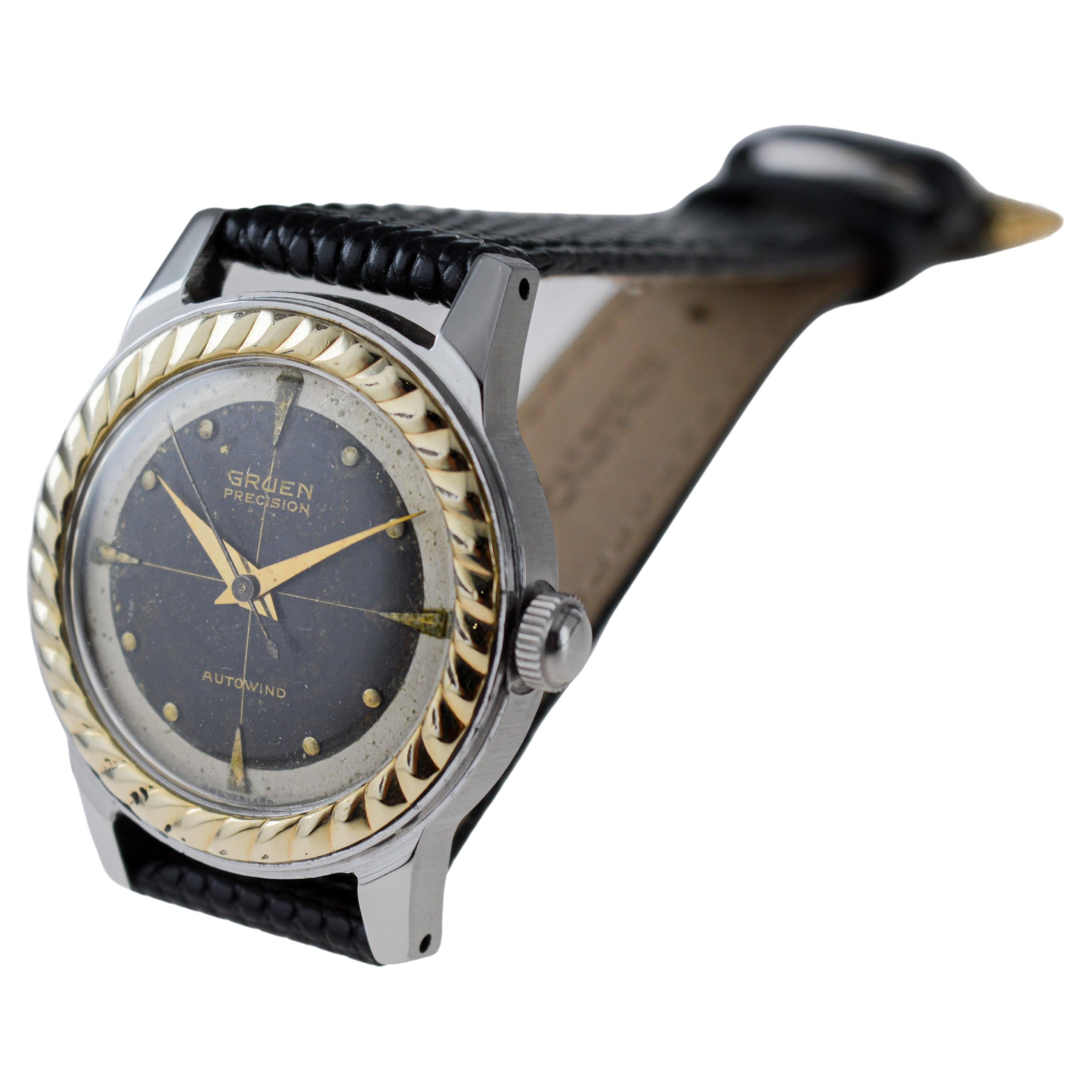 Gruen Zweifarbige Edelstahl-Gelbgold Art Deco Automatikuhr aus den 1950er Jahren im Angebot 5