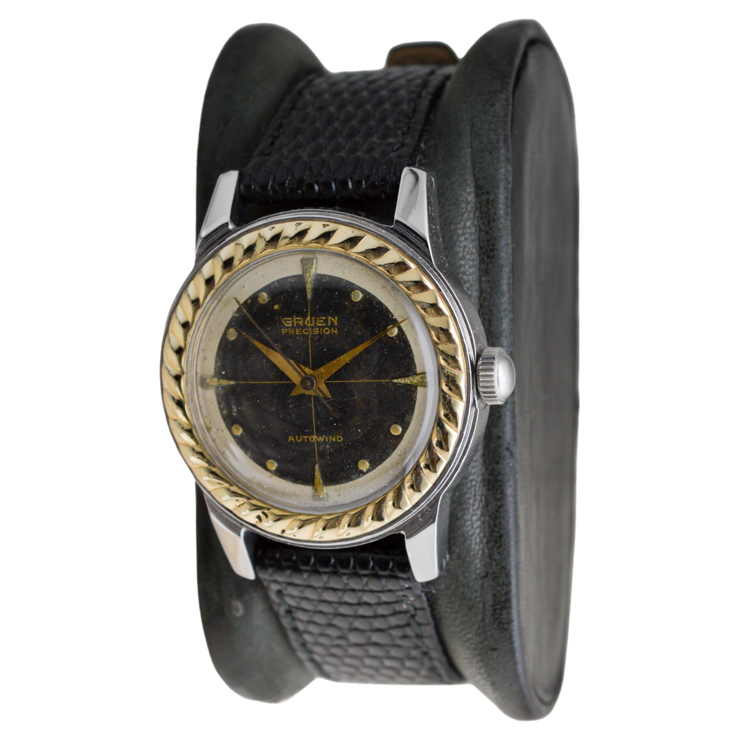 Gruen Zweifarbige Edelstahl-Gelbgold Art Deco Automatikuhr aus den 1950er Jahren für Damen oder Herren im Angebot