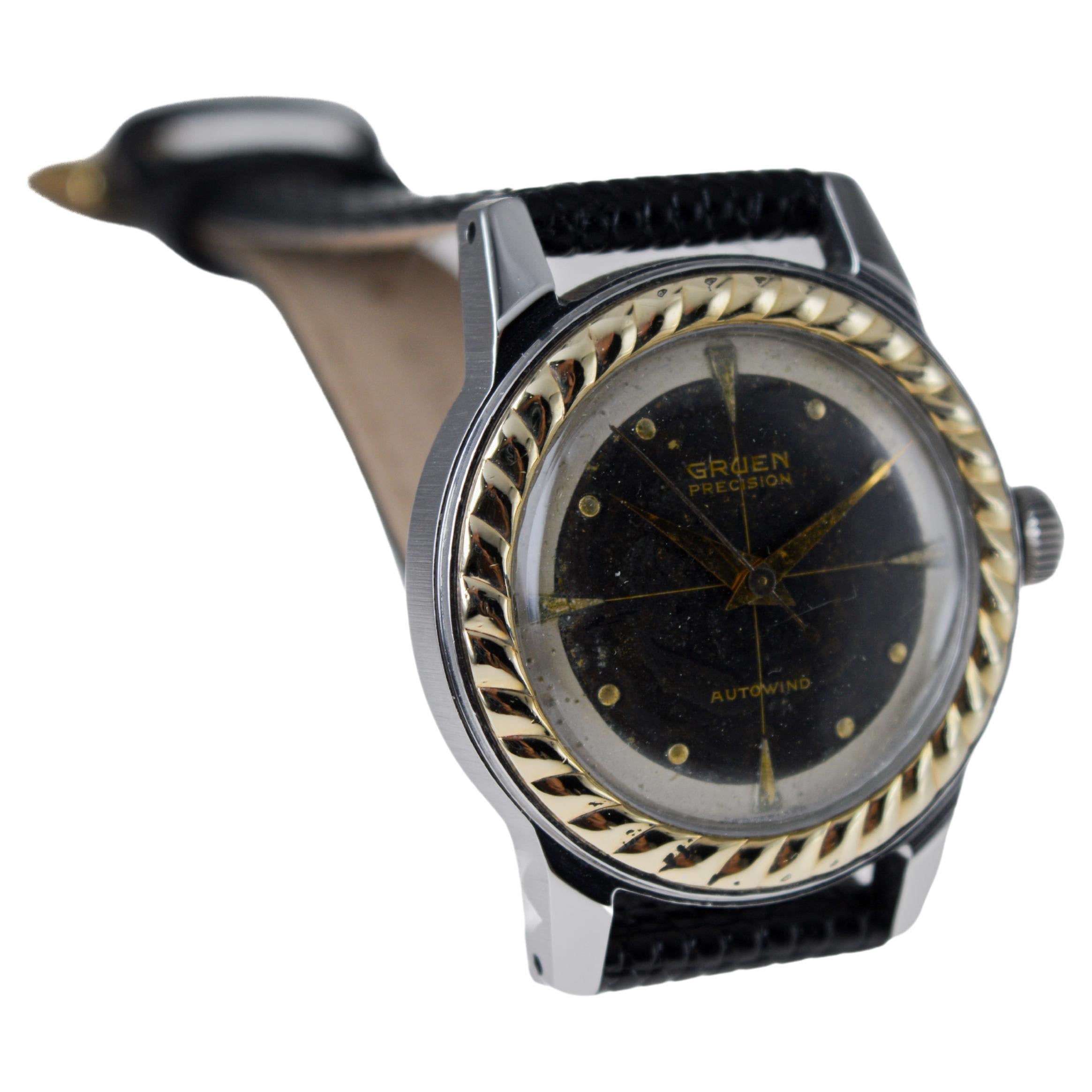 Gruen Zweifarbige Edelstahl-Gelbgold Art Deco Automatikuhr aus den 1950er Jahren im Angebot 3