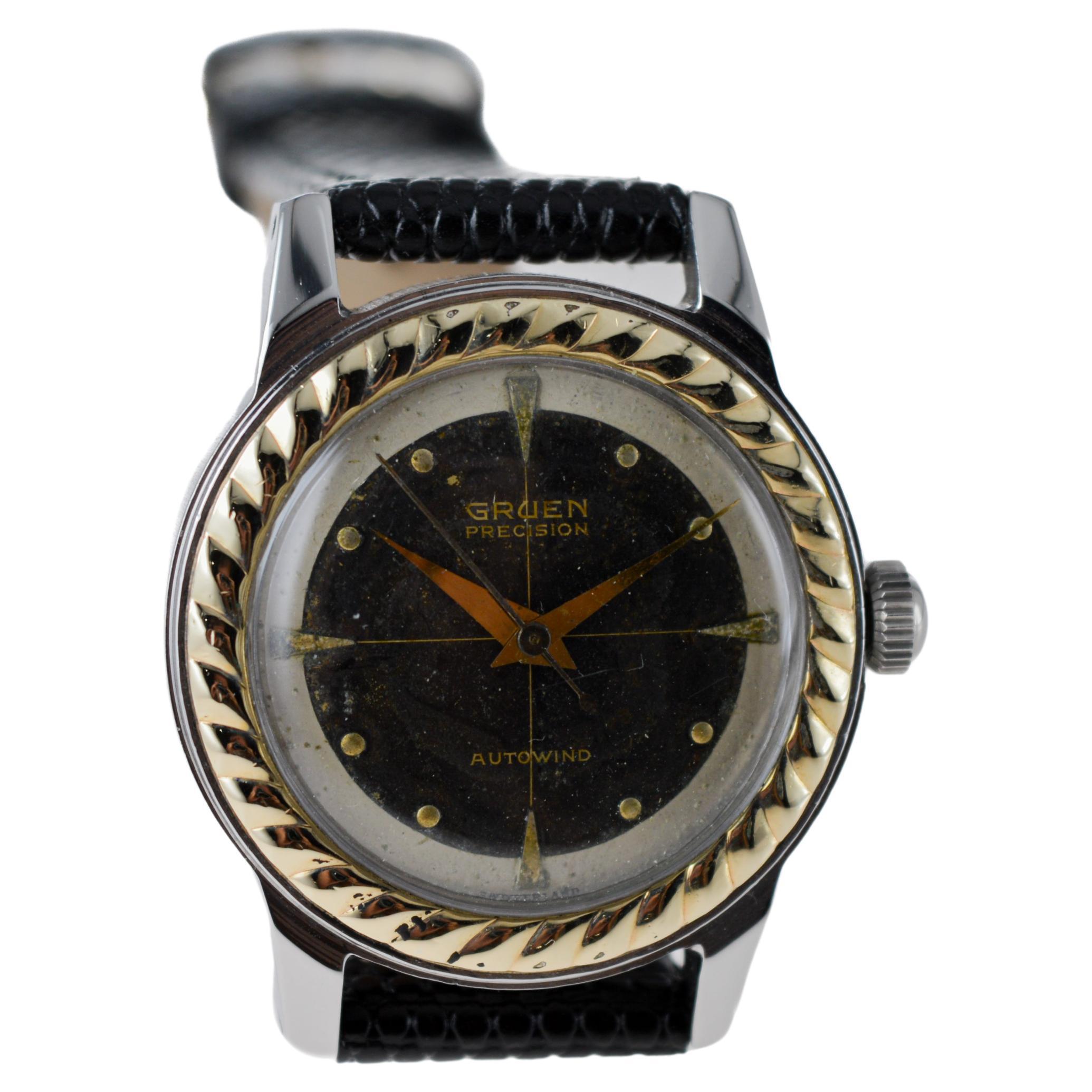 Gruen Zweifarbige Edelstahl-Gelbgold Art Deco Automatikuhr aus den 1950er Jahren im Angebot 4