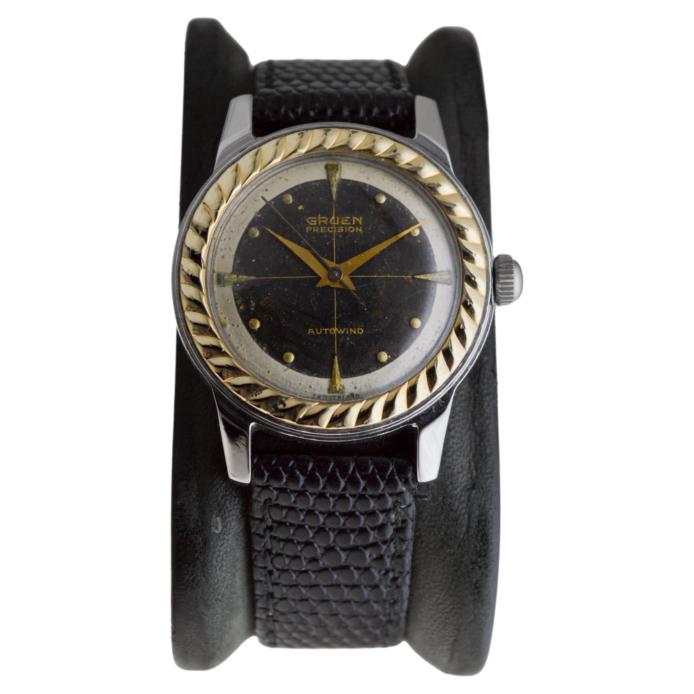 Gruen Zweifarbige Edelstahl-Gelbgold Art Deco Automatikuhr aus den 1950er Jahren im Angebot