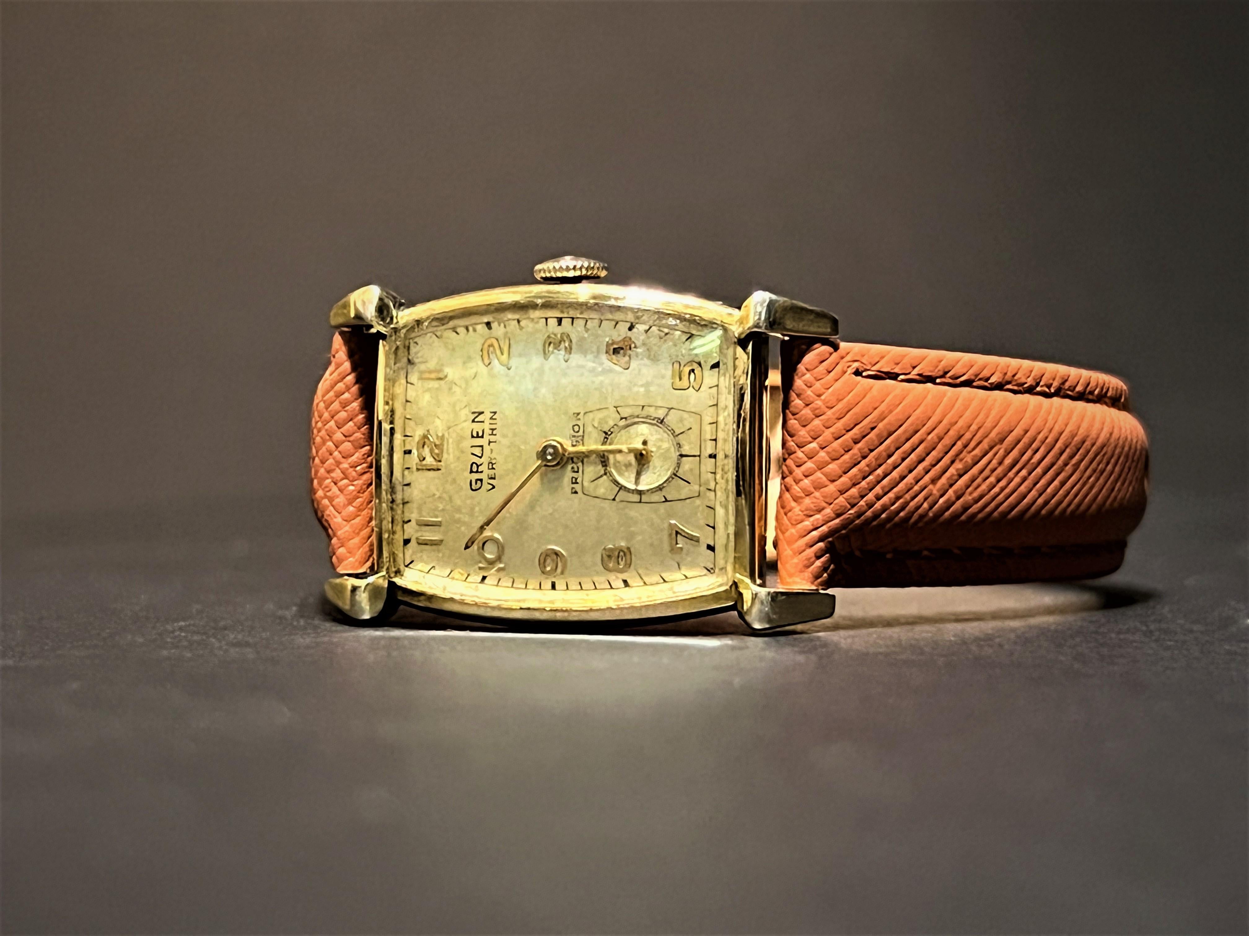 Gruen Veri-Thin 10K Gold-Fill Leather Wristwatch In Good Condition In Bradford, Ontario