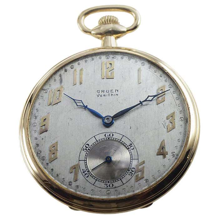 Gruen VeriThin 14 Karat Yellow Gold Art Deco Pocket Watch, circa 1920s