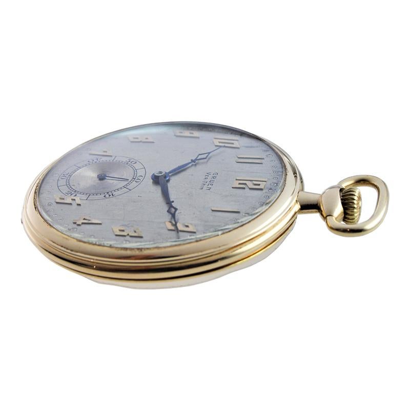 FACTORY / HOUSE: Gruen Watch Company
STYLE / REFERENCE: Open Faced / Art Deco Pocket Watch
METAL / MATERIAL: 14Kt Yellow Gold
CIRCA / YEAR: 1920's
DIMENSIONS / SIZE: Diameter 46mm
MOVEMENT / CALIBER: Manual Winding / 17 Jewels / High Grade 
DIAL /
