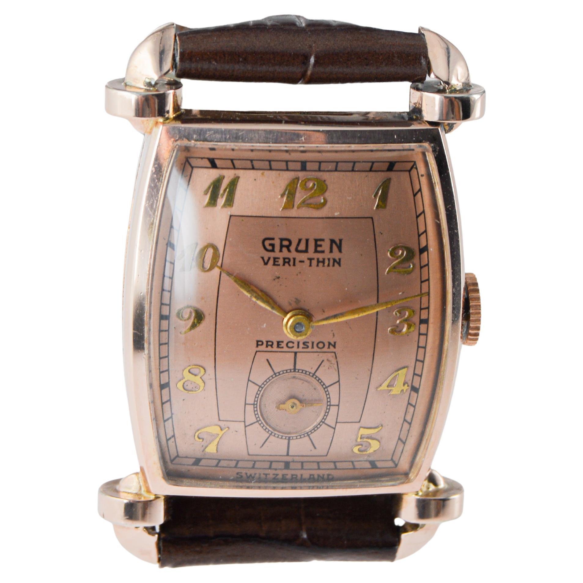 Rarissimo orologio Art Deco in oro rosa di Gruen del 1940 circa con quadrante originale in vendita 5