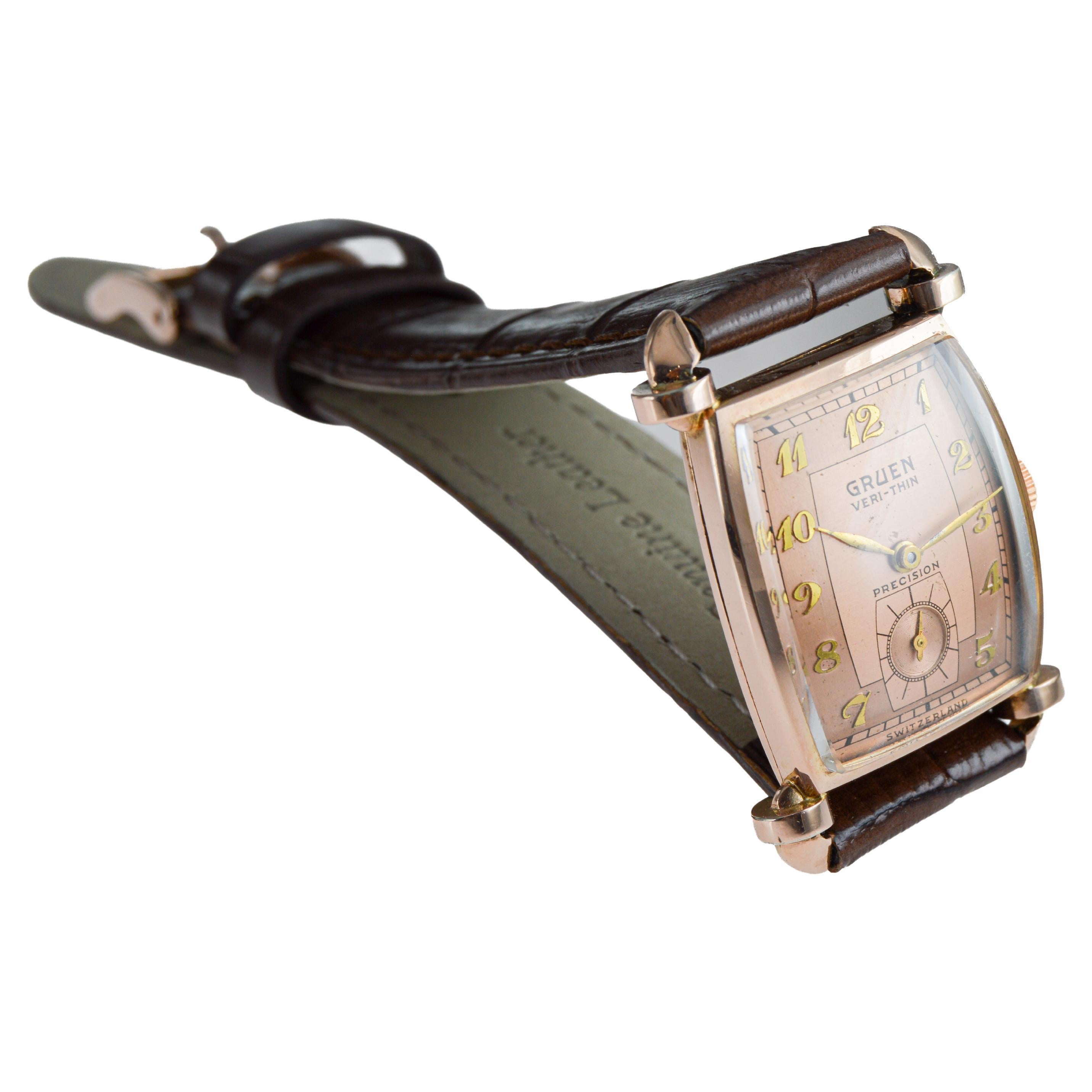 Rarissimo orologio Art Deco in oro rosa di Gruen del 1940 circa con quadrante originale in vendita 4