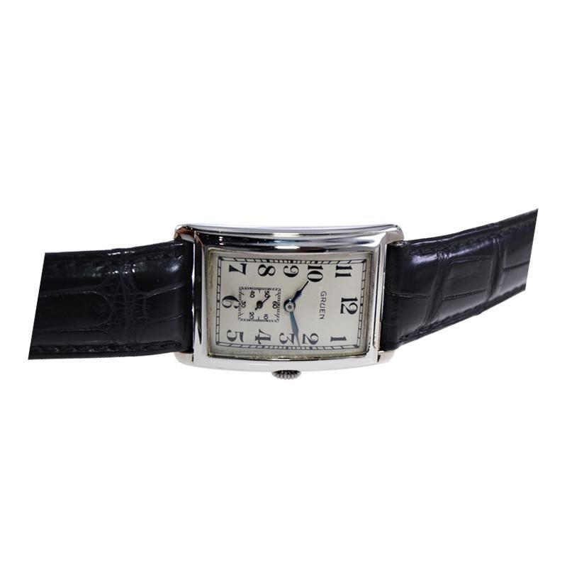 Gruen White Gold Art Deco Curvex Watch from the 1930's with Kiln Fired Print In Excellent Condition In Long Beach, CA